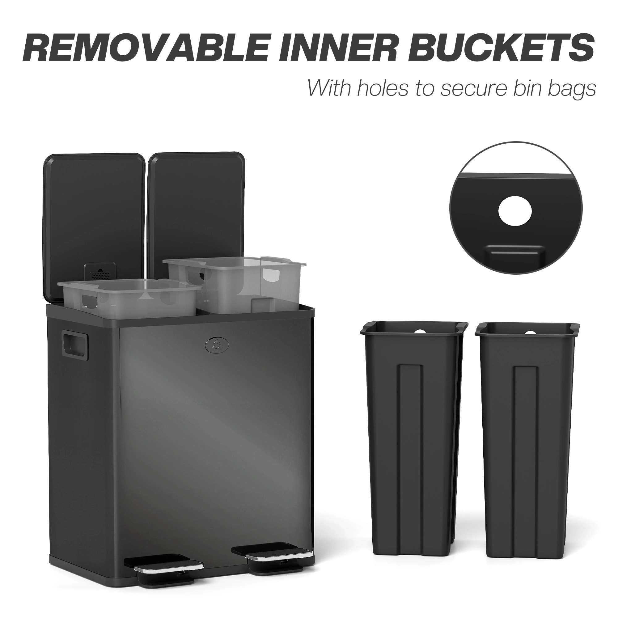 Kitchen Bin with Lid, 30L Large Capacity Waste Can, Foot Pedal Trash Bin, Black Stainless Steel view 2