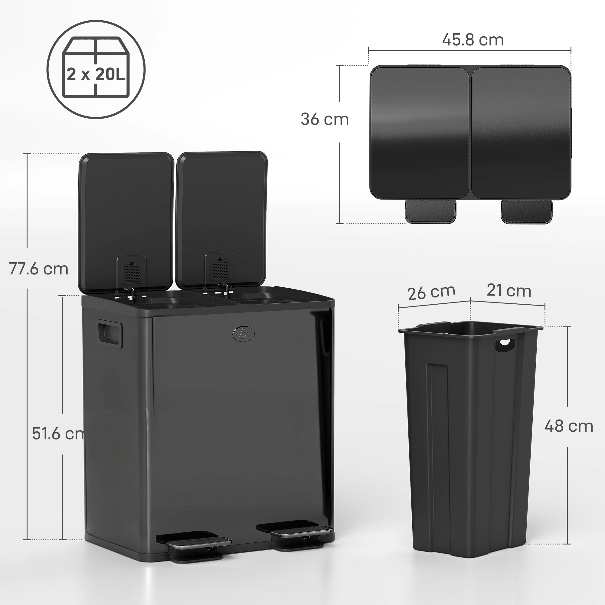Kitchen Bin with Lid, 30L Large Capacity Waste Can, Foot Pedal Trash Bin, Black Stainless Steel view 3