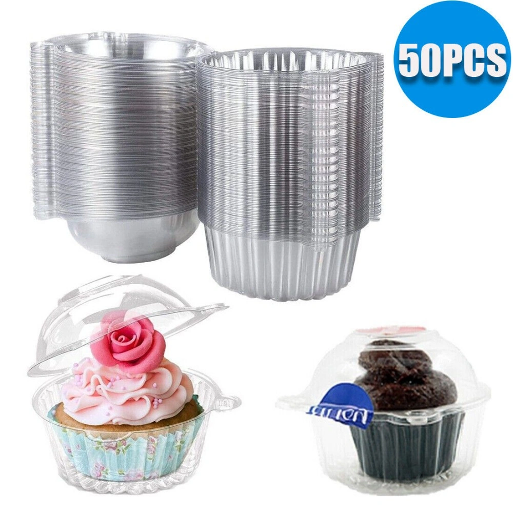 50pcs Clear Plastic Cupcake Muffin Liner Cases - Single Cup Cake Holders Baking Pods Boxes