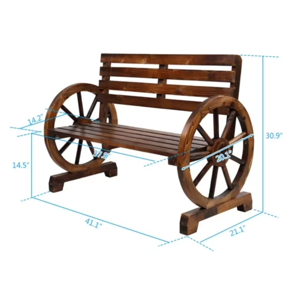Rustic 2-Person Wooden Wagon Wheel Outdoor Bench, Solid Fir Wood, Dark Brown view 3