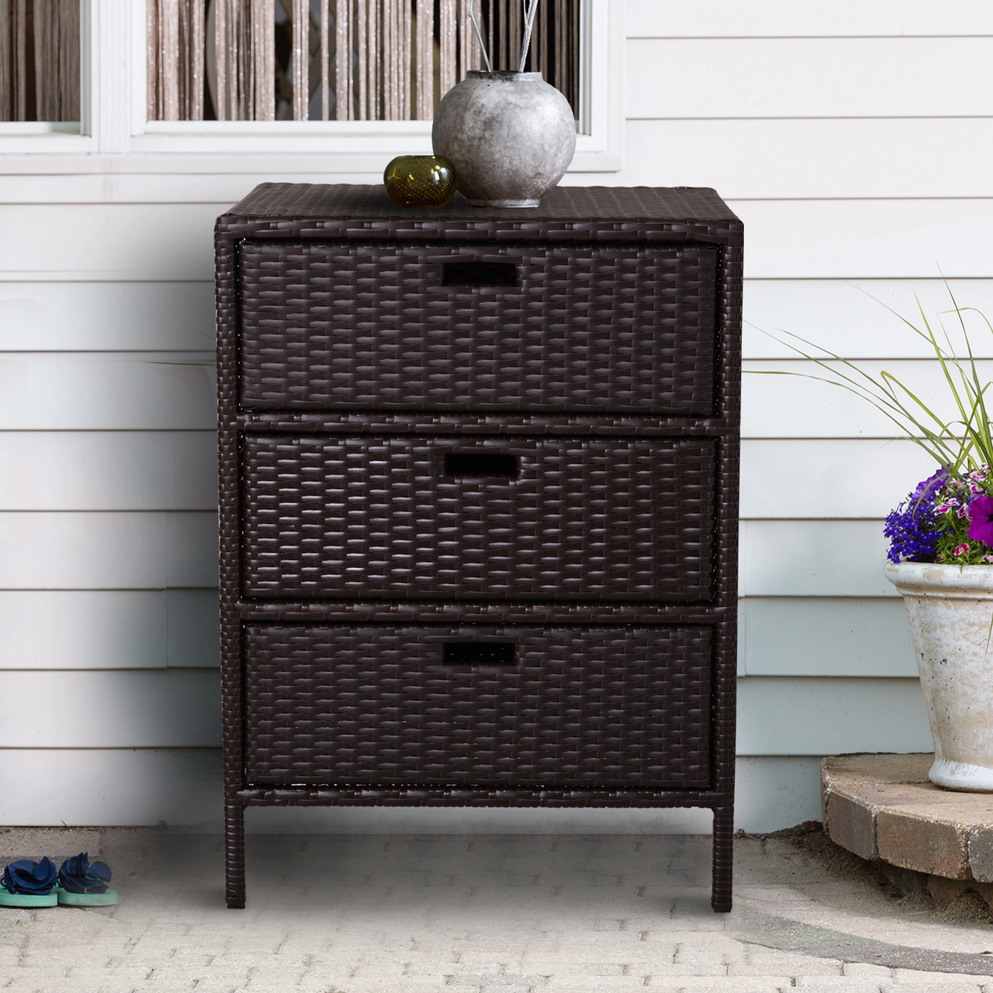 Outdoor Storage Cabinet 3-Drawer Wicker Towel Rack Organizer Poolside Backyard Patio