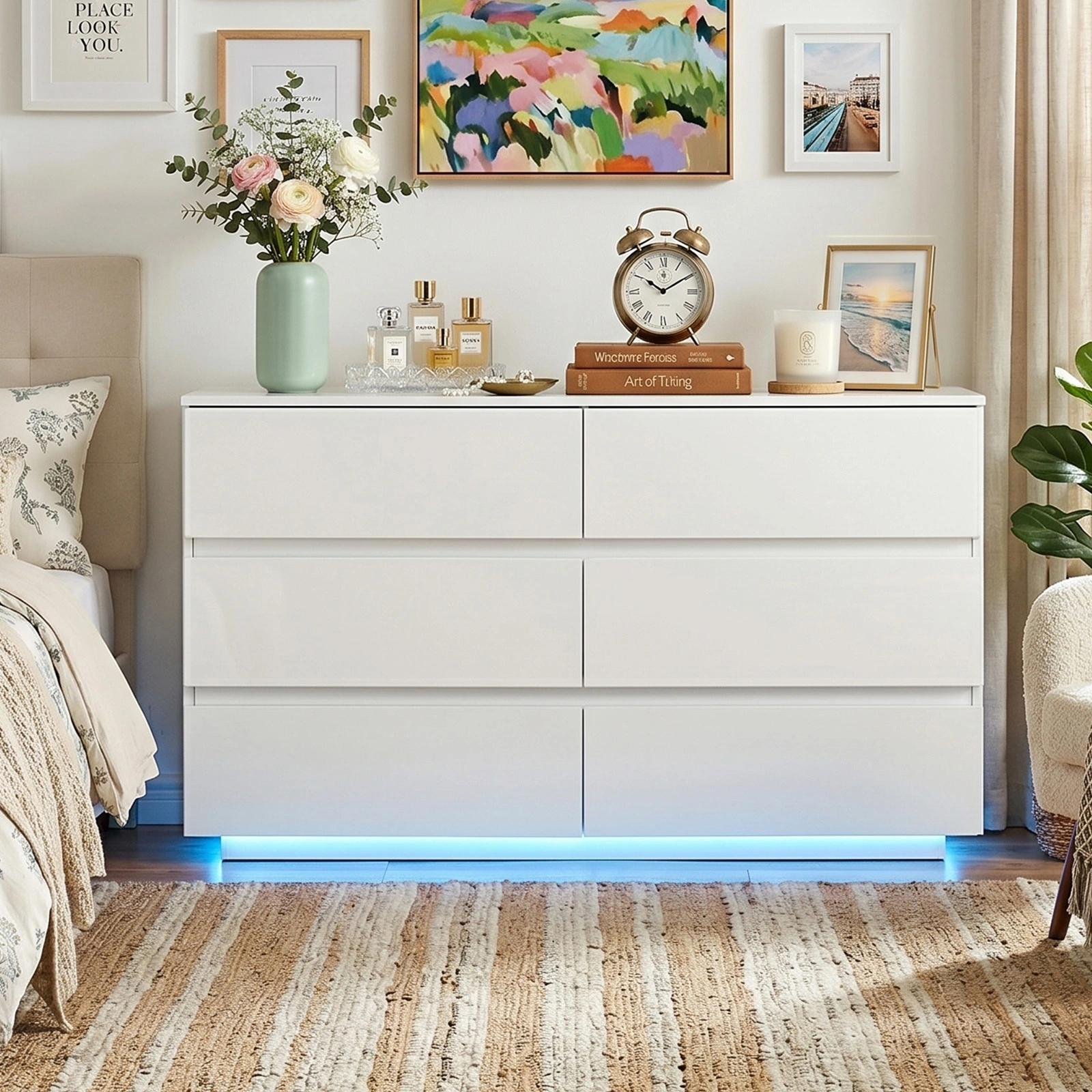 Handle-Free 6-Drawer Storage Cabinet Chest of Drawers with USB-Powered RGB LED Strip 47.24*15.75*27.56in High-Gloss White view 12