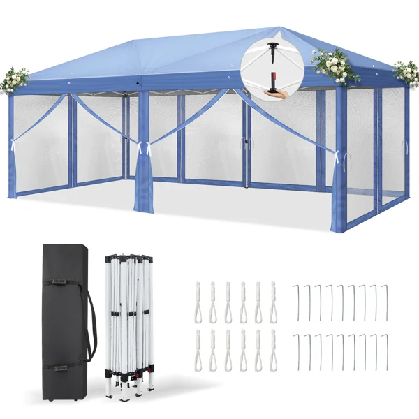 10x20 ft Blue Pop Up Canopy Tent, Instant Folding Shelter with 6 Mesh Panels, 2 Doors & 4 Mesh Windows, 28/22mm Powder Coated Iron Legs, 10x20mm Reinforced Crossbar, 210D Oxford Fabric Outdoor Foldable Canopy with Carry Bag, Without Sandbags