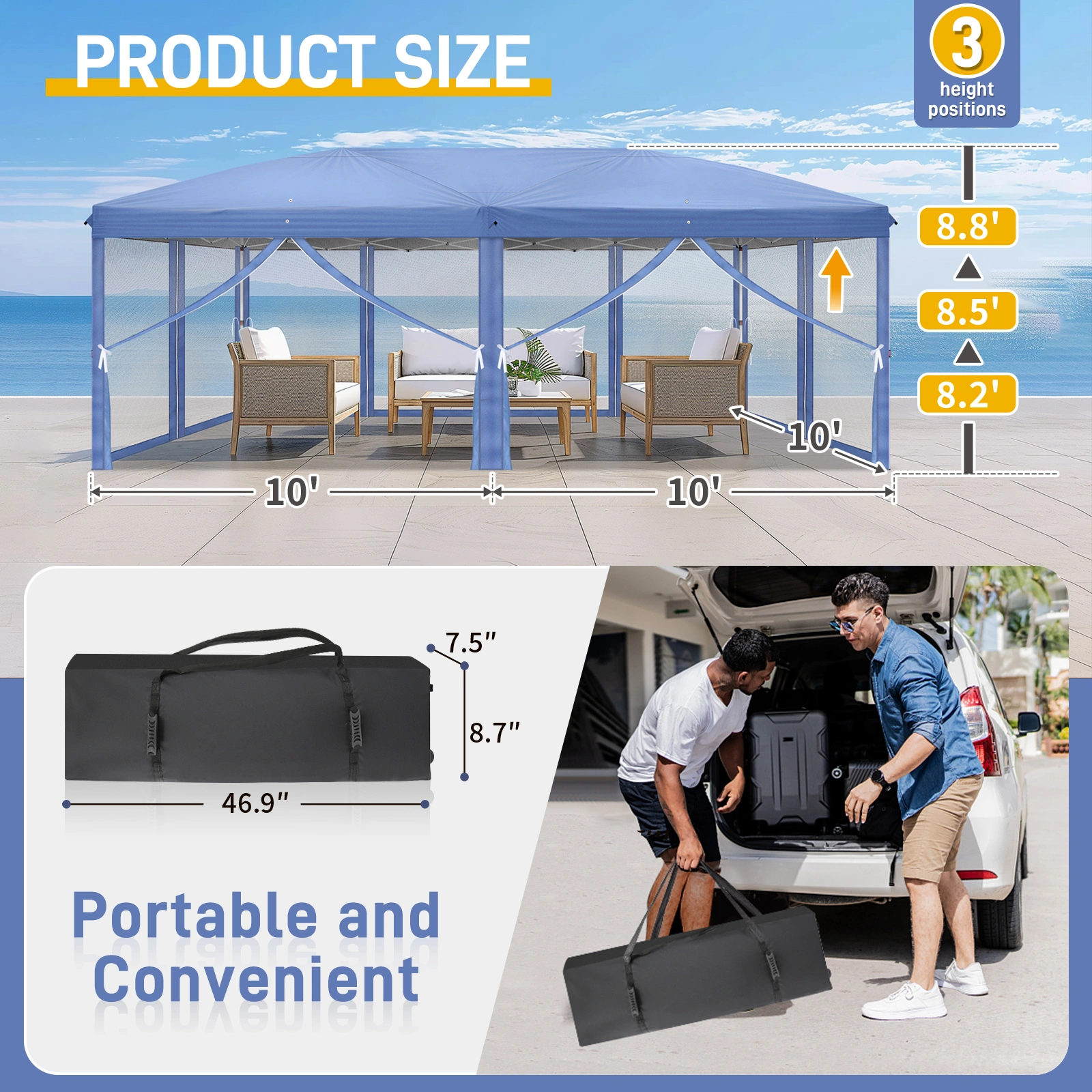 10x20 ft Blue Pop Up Canopy Tent, Instant Folding Shelter with 6 Mesh Panels, 2 Doors & 4 Mesh Windows, 28/22mm Powder Coated Iron Legs, 10x20mm Reinforced Crossbar, 210D Oxford Fabric Outdoor Foldable Canopy with Carry Bag, Without Sandbags view 7