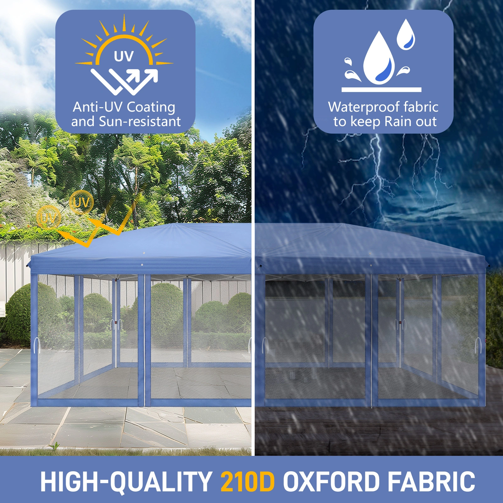 10x20 ft Blue Pop Up Canopy Tent, Instant Folding Shelter with 6 Mesh Panels, 2 Doors & 4 Mesh Windows, 28/22mm Powder Coated Iron Legs, 10x20mm Reinforced Crossbar, 210D Oxford Fabric Outdoor Foldable Canopy with Carry Bag, Without Sandbags view 8