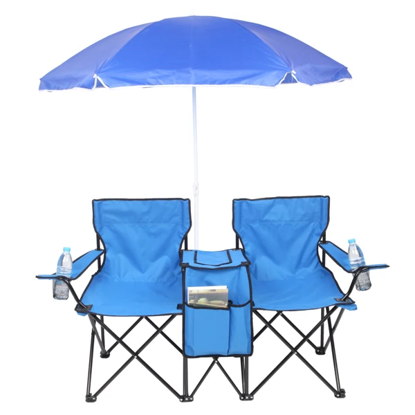 Portable Outdoor 2-Seat Folding Chair with Removable Sun Umbrella Blue view 3