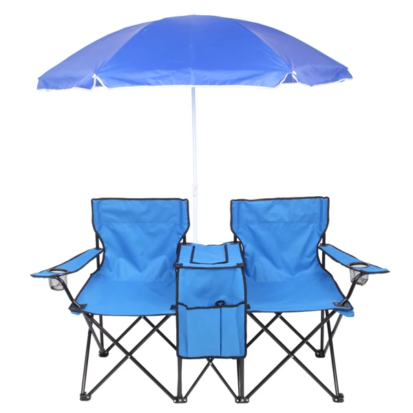 Portable Outdoor 2-Seat Folding Chair with Removable Sun Umbrella Blue view 5