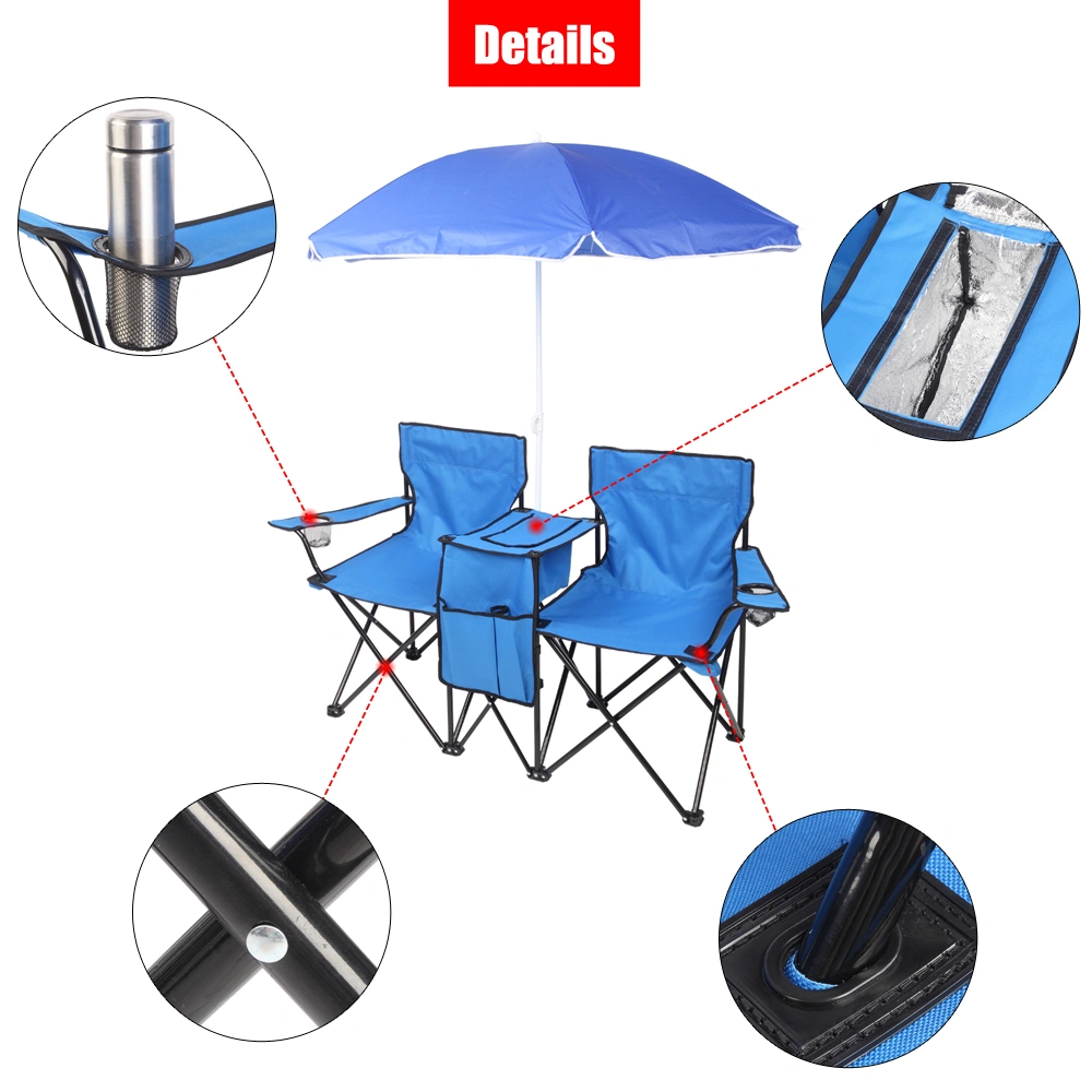Portable Outdoor 2-Seat Folding Chair with Removable Sun Umbrella Blue view 42