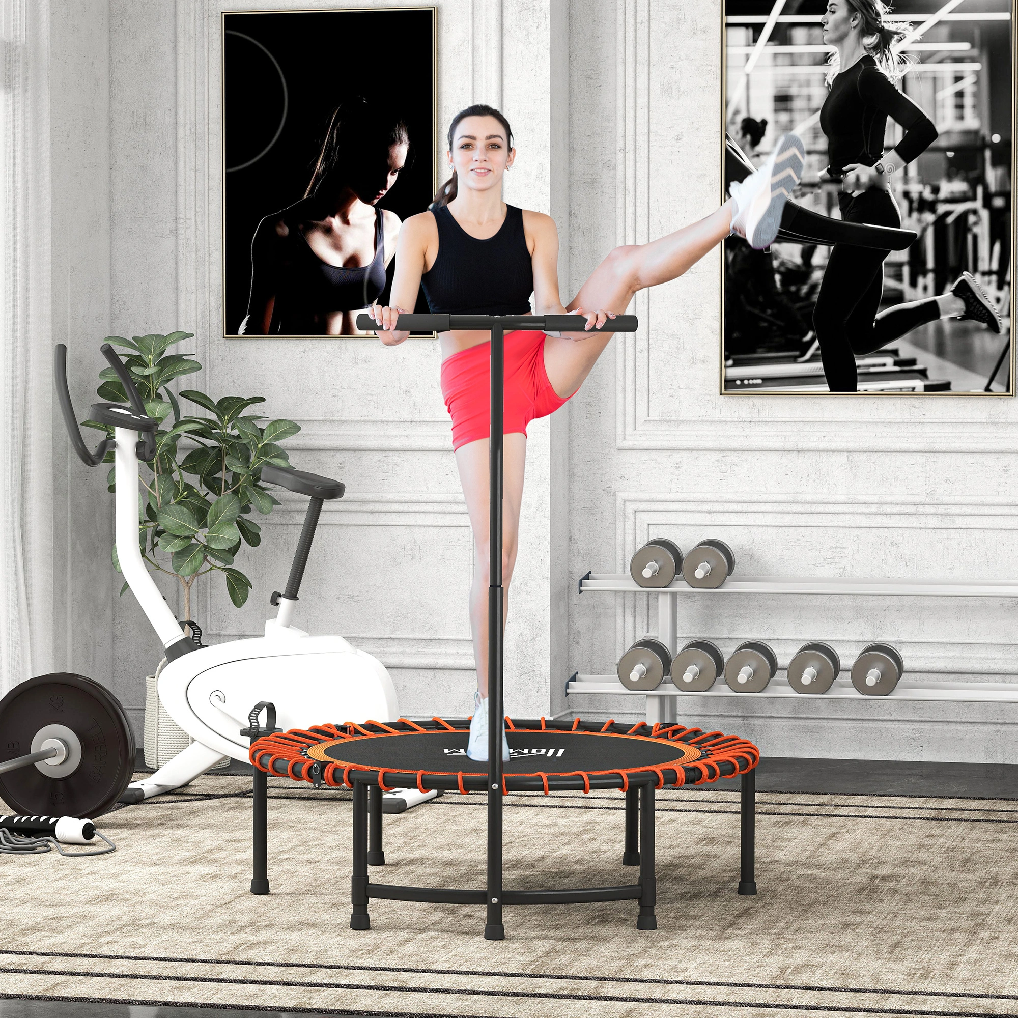 Mini Exercise Trampoline with Handle, Folding Fitness Rebounder Bounce Bed for Home Gym