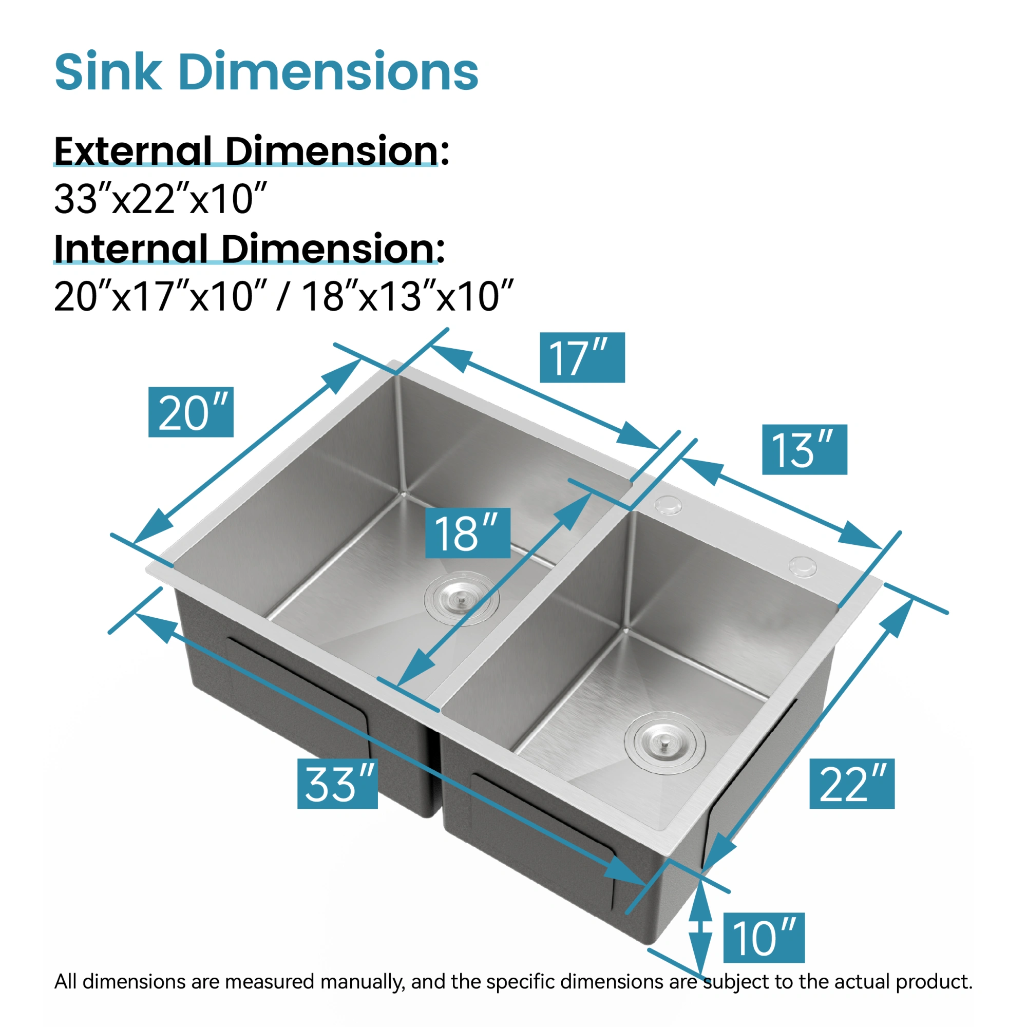 33x19 Inch Double Bowl Kitchen Sink, Handmade Overmount Undermount Stainless Steel Sink, Dark Gray, Fits 33 Inch Cabinet, Sink Only view 5