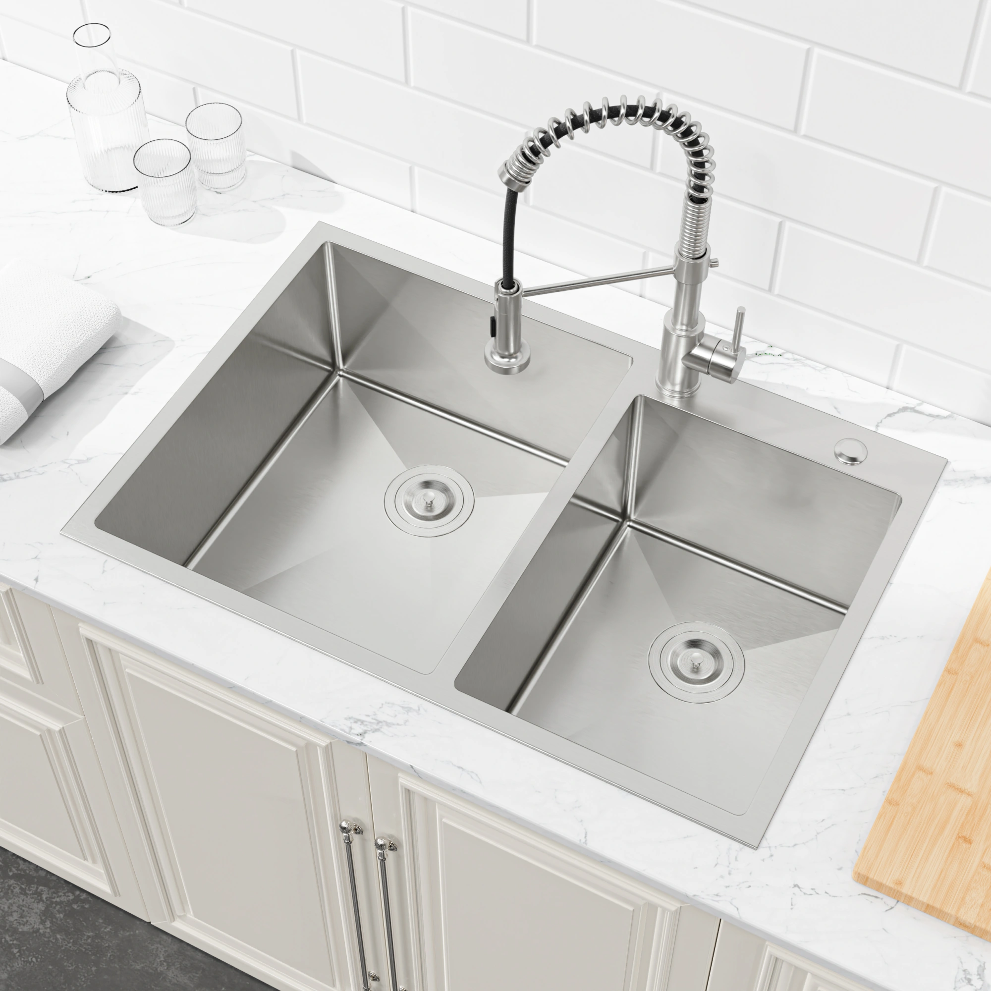 33x19 Inch Double Bowl Kitchen Sink, Handmade Overmount Undermount Stainless Steel Sink, Dark Gray, Fits 33 Inch Cabinet, Sink Only view 9