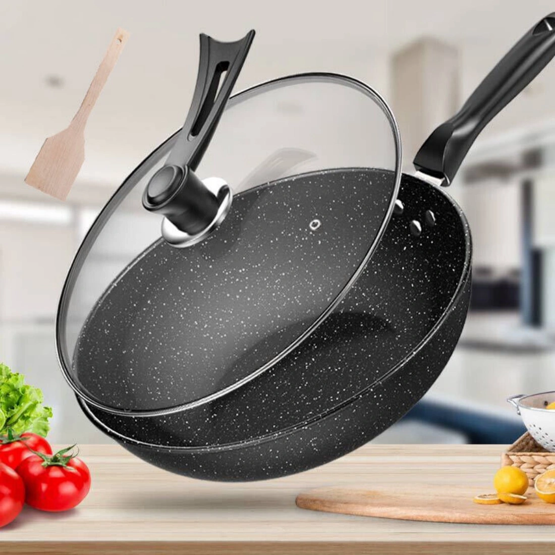 30CM Granite Non-Stick Frying Pan, Skillet Saute Pan with Tempered Glass Lid, Induction Compatible Cookware, 12-Inch view 2