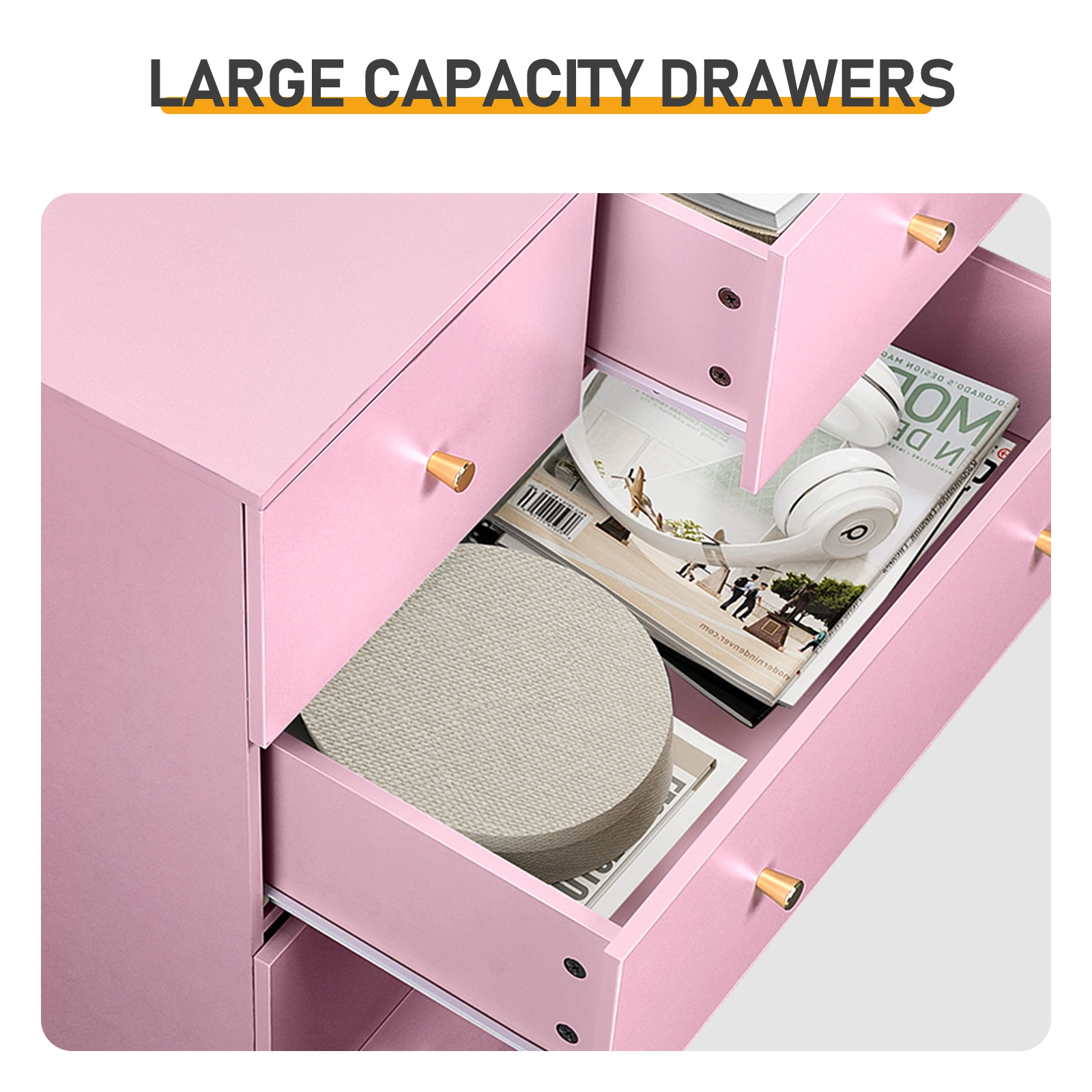 Macaron powder, particleboard with a textured melamine finish, 66*40*111cm, 4+2 drawer cabinet, matte gold handles view 4