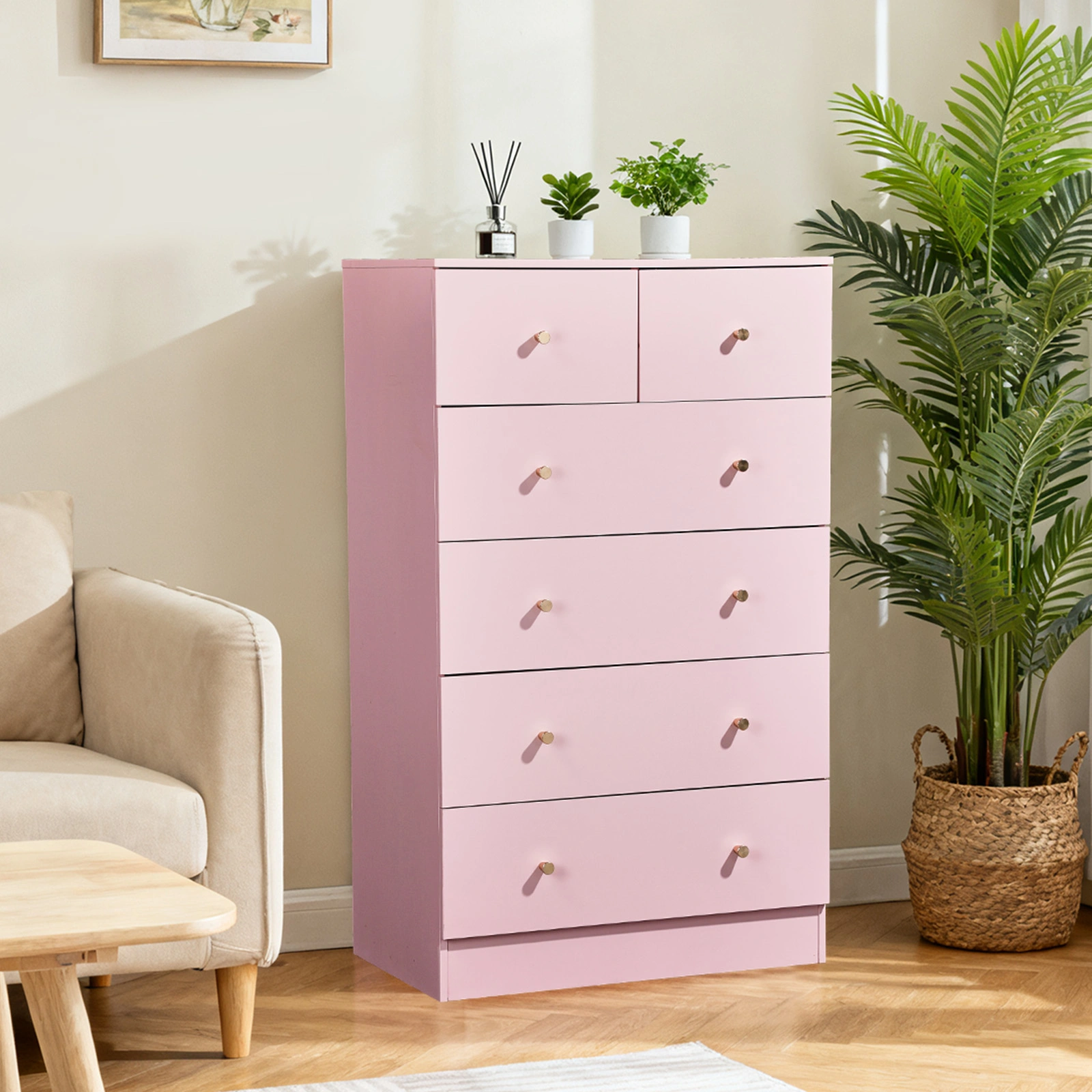 Macaron powder, particleboard with a textured melamine finish, 66*40*111cm, 4+2 drawer cabinet, matte gold handles view 7