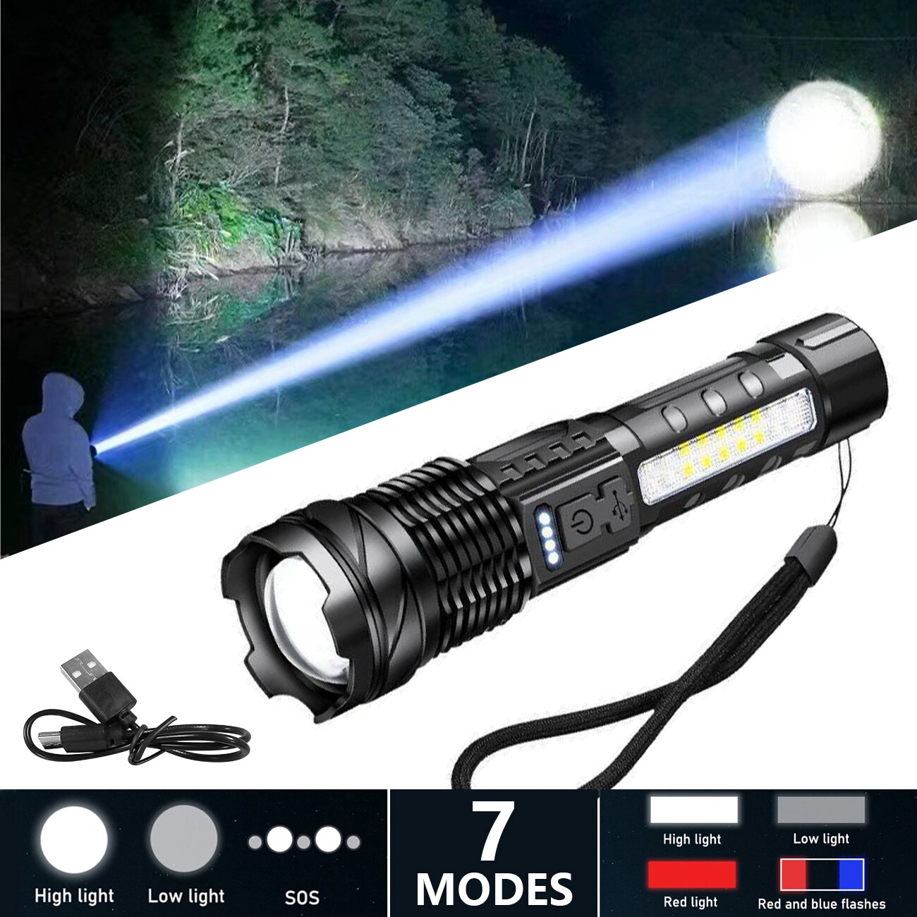 USB Rechargeable LED Flashlight Adjustable Focus Camping Hiking Outdoor Work Light