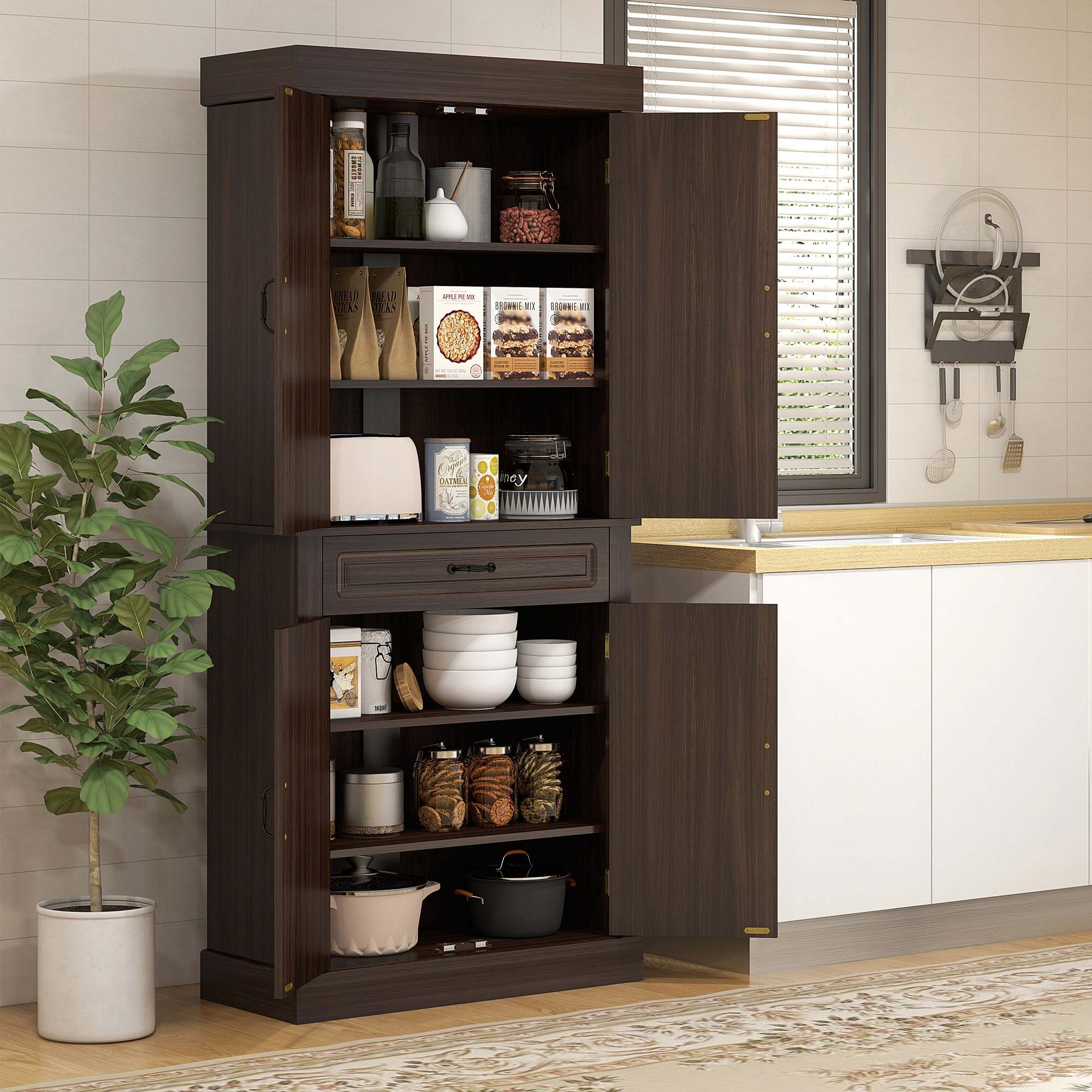 Multi-Tier Kitchen Storage Cabinet - Freestanding Pantry Organizer with Shelves, Closed Cupboard for Cookware, Dishes & Appliances