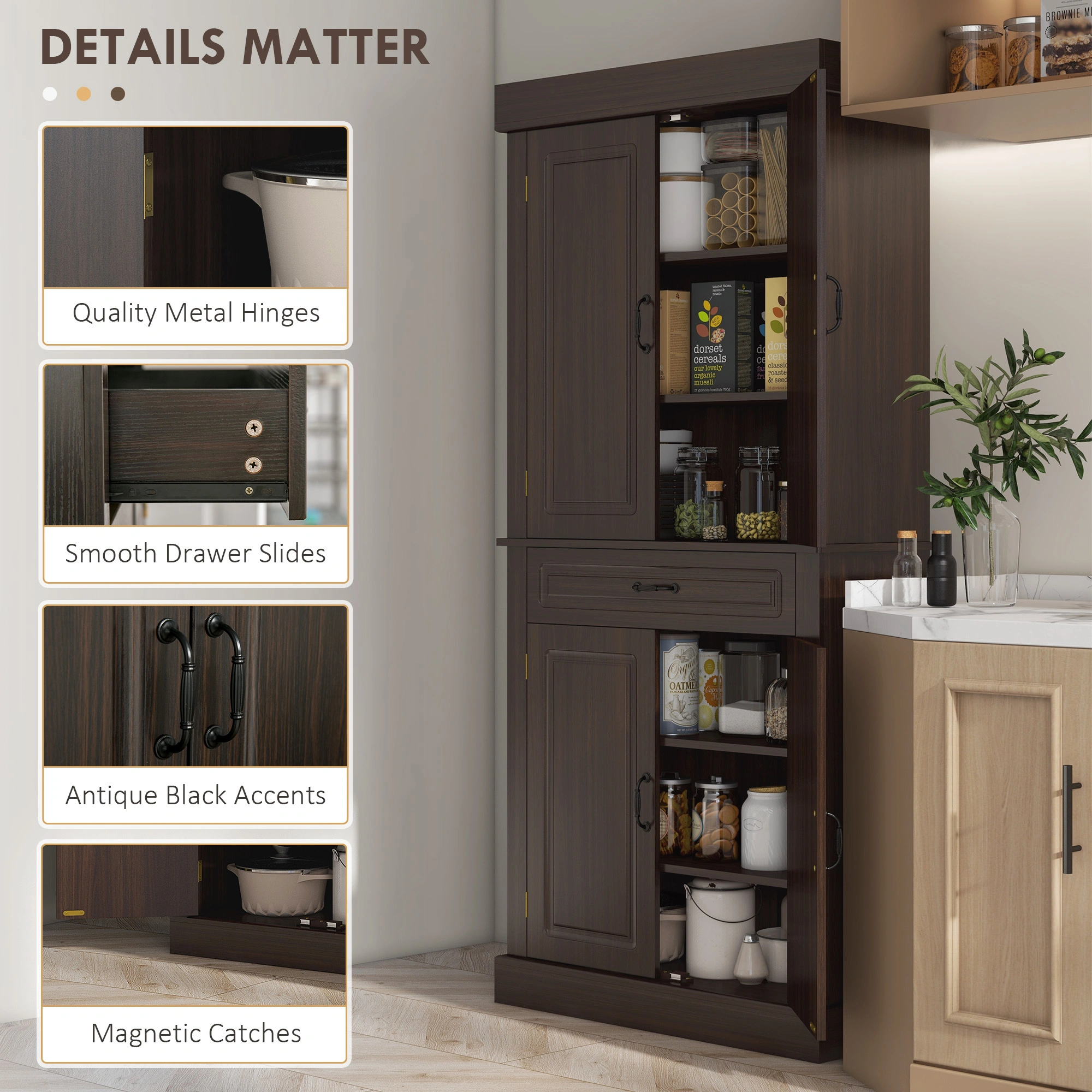 Multi-Tier Kitchen Storage Cabinet - Freestanding Pantry Organizer with Shelves, Closed Cupboard for Cookware, Dishes & Appliances view 2
