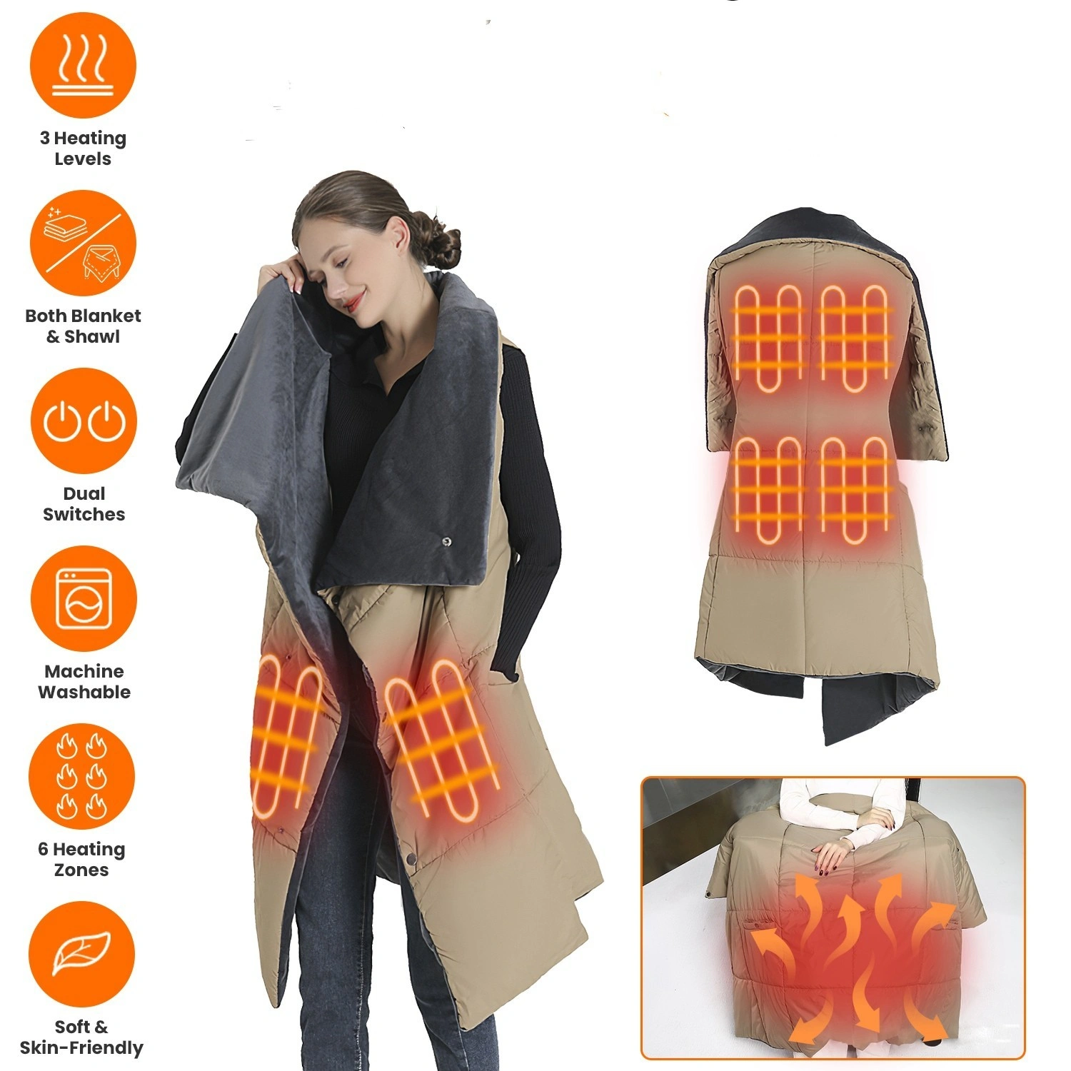 USB Heated Blanket Poncho Shawl, 6-Zone 3-Level Electric Wrap with Zipper Arms & Pocket, Machine Washable for Home Office Outdoor
