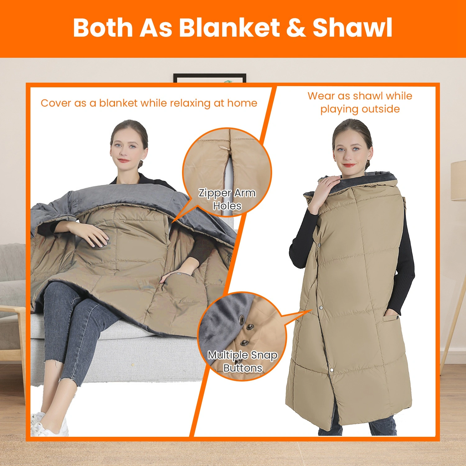 USB Heated Blanket Poncho Shawl, 6-Zone 3-Level Electric Wrap with Zipper Arms & Pocket, Machine Washable for Home Office Outdoor view 5