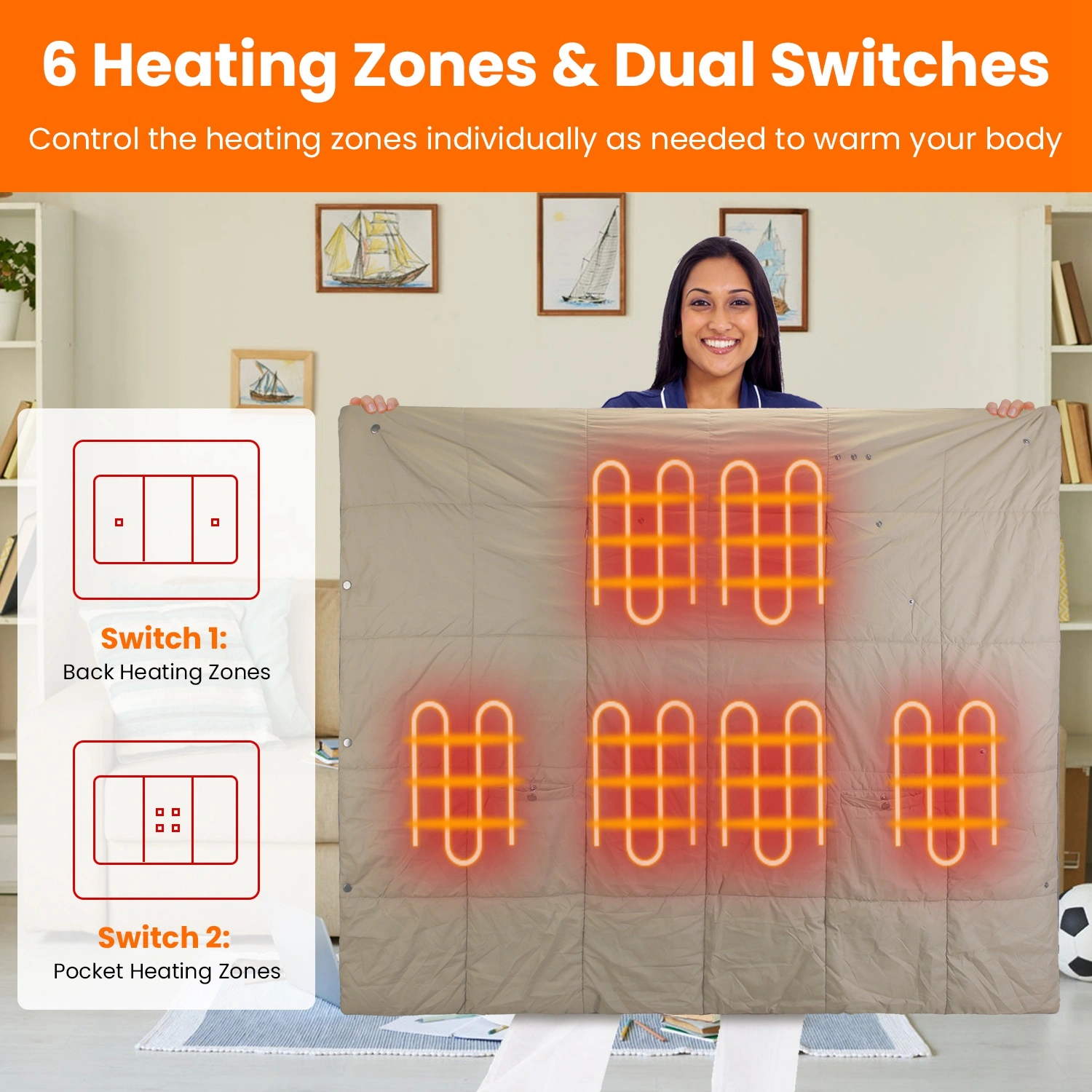 USB Heated Blanket Poncho Shawl, 6-Zone 3-Level Electric Wrap with Zipper Arms & Pocket, Machine Washable for Home Office Outdoor view 6
