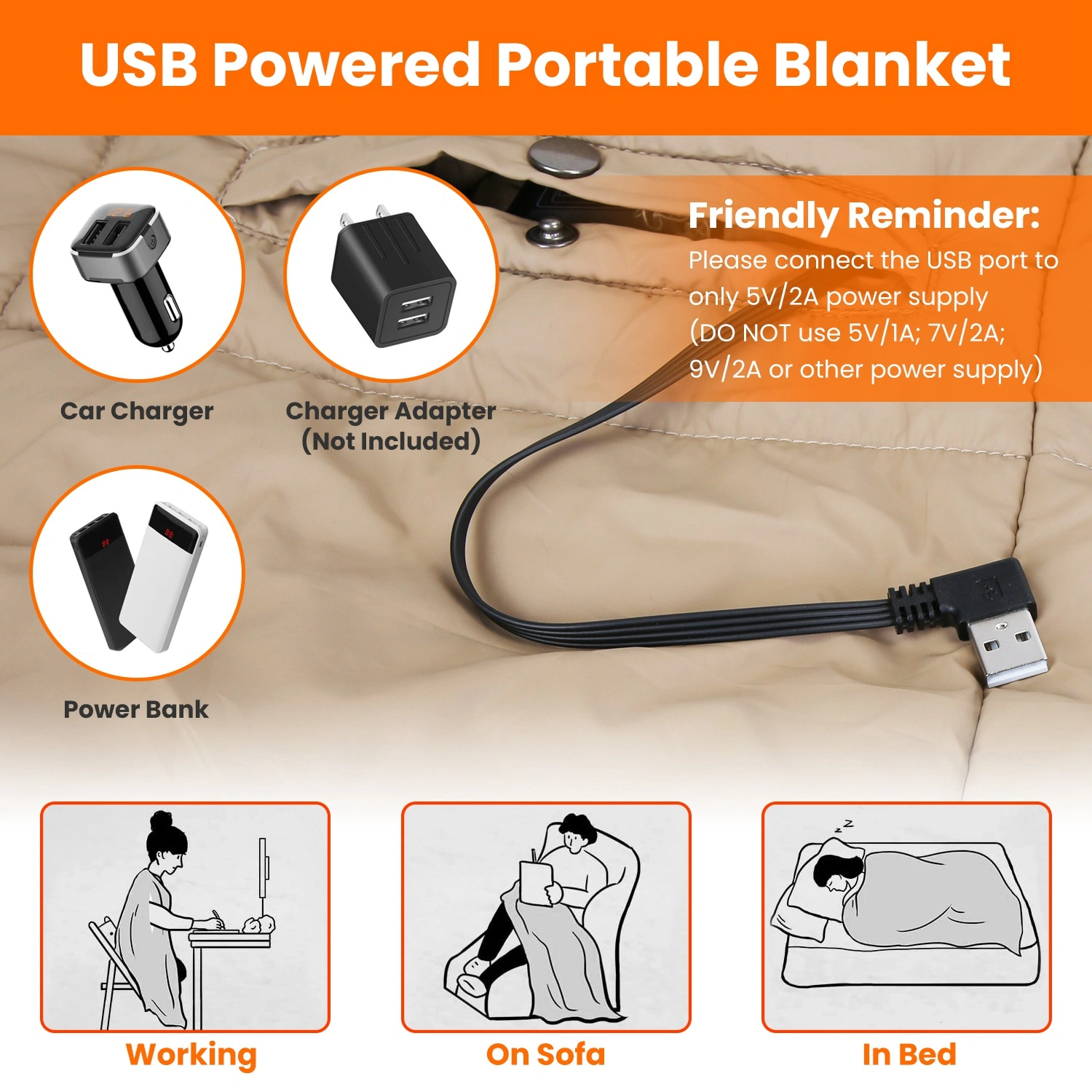 USB Heated Blanket Poncho Shawl, 6-Zone 3-Level Electric Wrap with Zipper Arms & Pocket, Machine Washable for Home Office Outdoor view 7