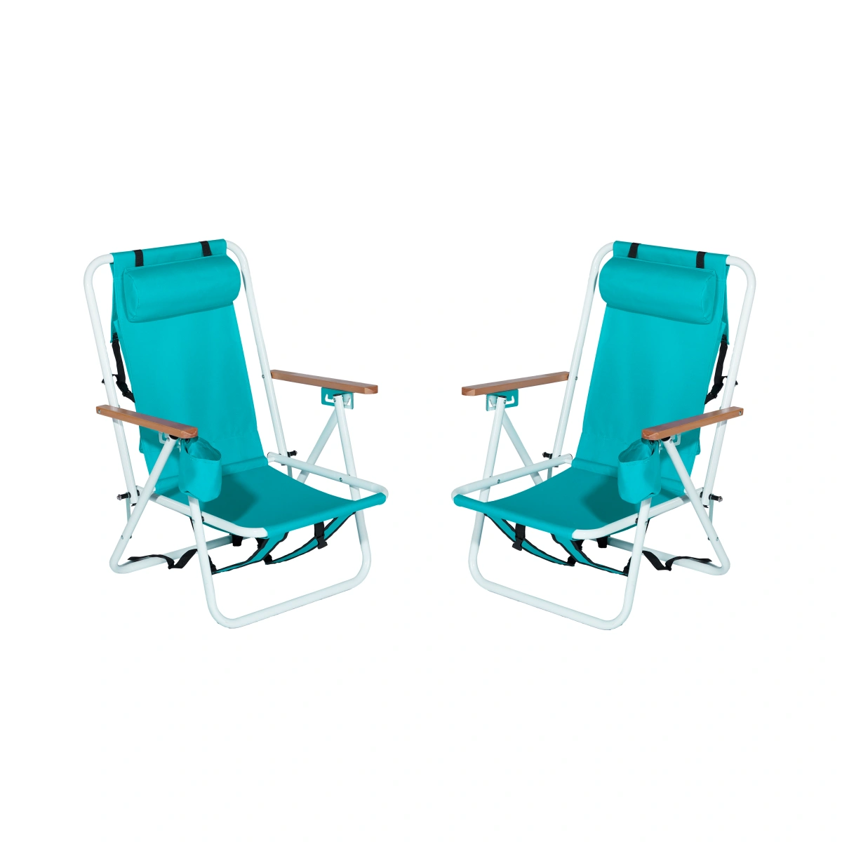 Folding Beach Chair Set of 2 - Portable Backpack Camping Chairs for Adults, 4-Position Reclining with Headrest, Cup Holder & Wooden Armrests, Green