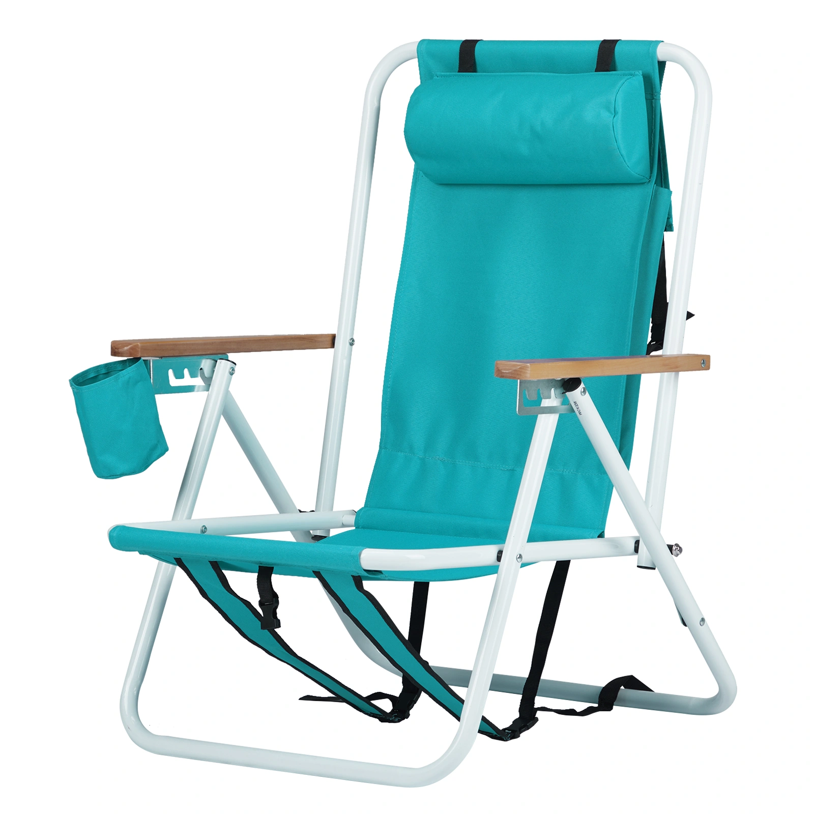 Folding Beach Chair Set of 2 - Portable Backpack Camping Chairs for Adults, 4-Position Reclining with Headrest, Cup Holder & Wooden Armrests, Green view 3