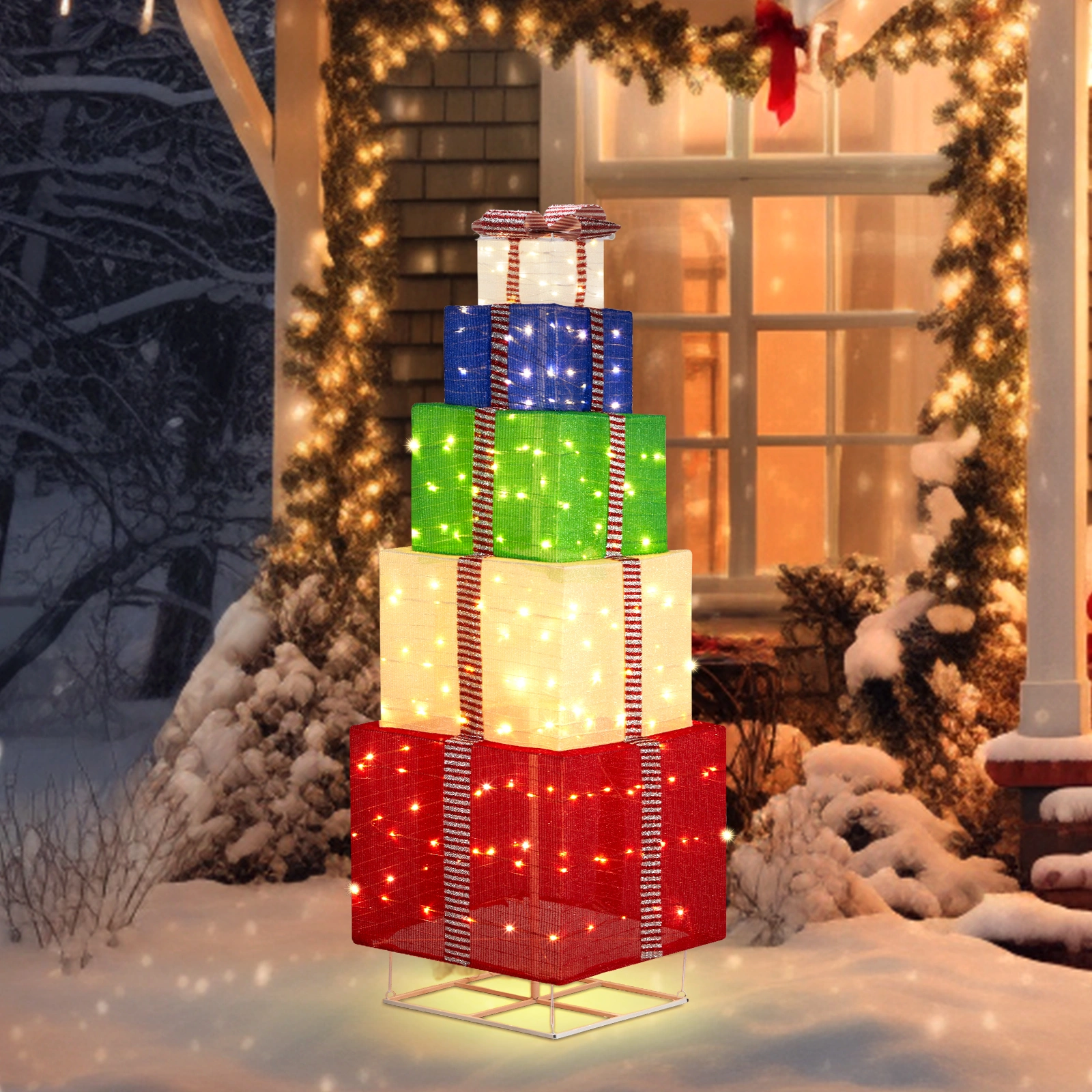 6FT Lighted Gift Box Tower, 200 LED Warm White Pull Up Present Boxes, Christmas Outdoor Indoor Decor with Ropes Stakes, Multicolor view 2