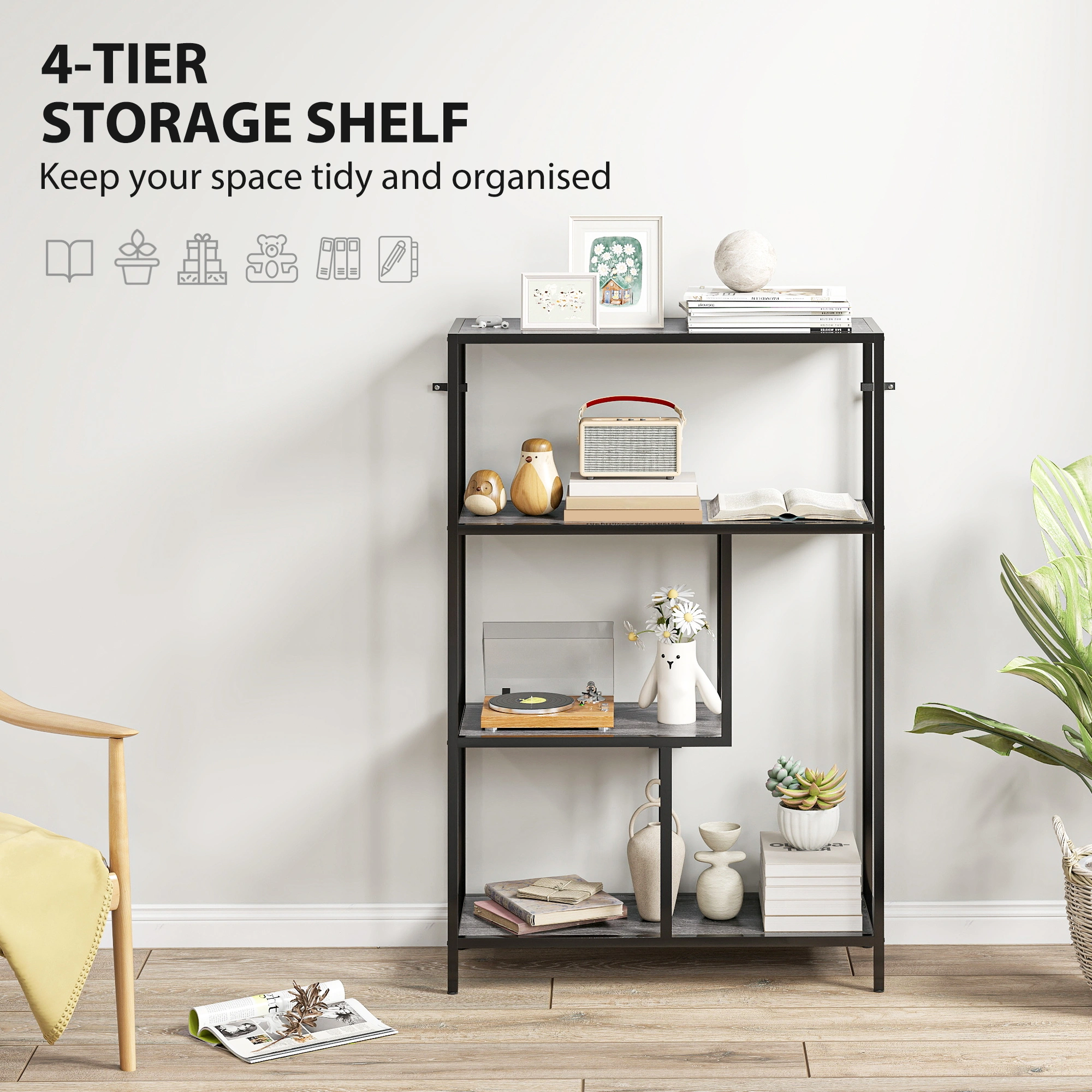 Bookshelf Storage Cabinet, Open Display Rack with Shelves, Multi-functional Organizer for Living Room, White