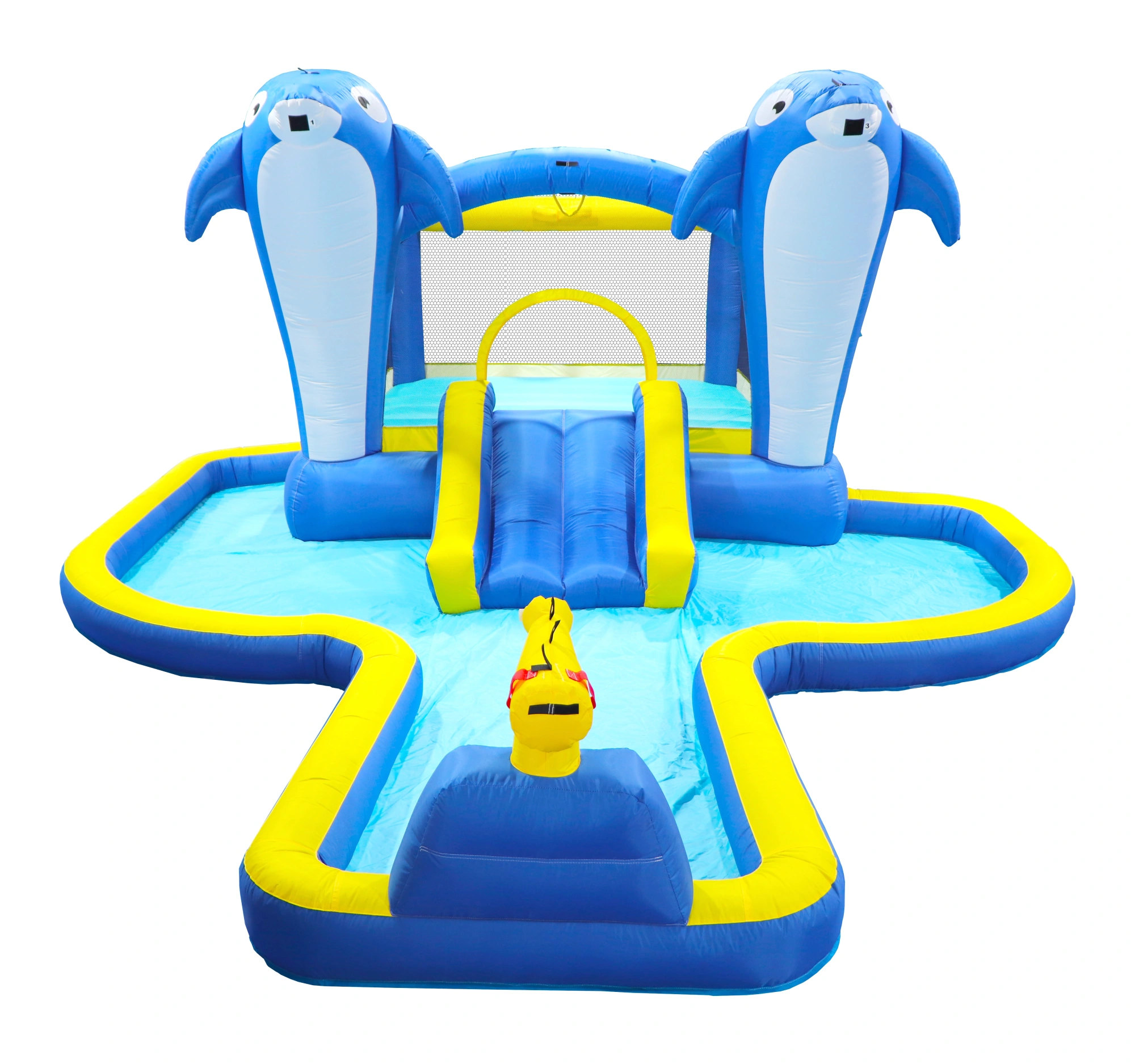 8 in 1 Inflatable Water Park Slide, Bounce House with Trampoline, Dolphin Sprinkler, Target Game, Water Gun & Basketball for Outdoor Garden