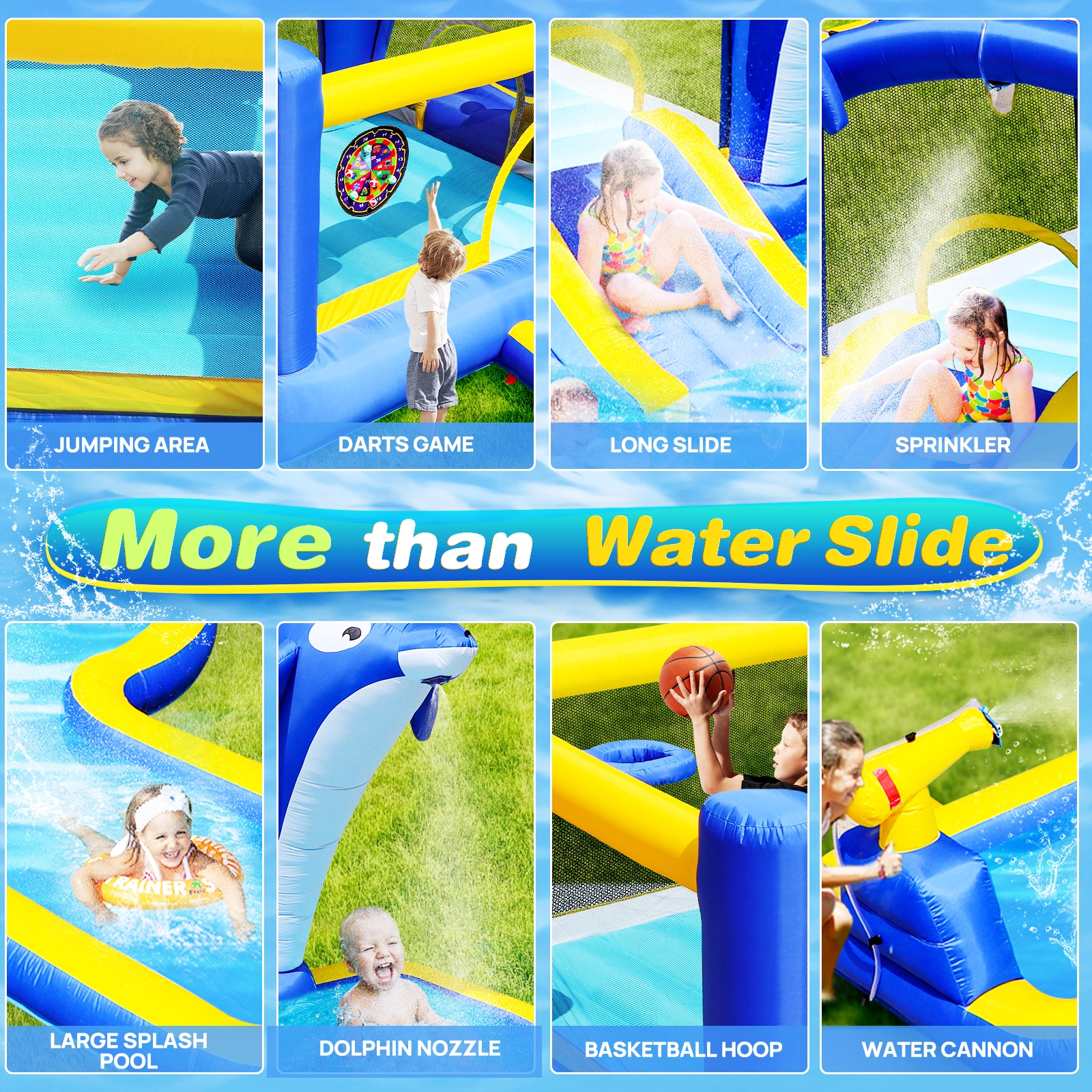 8 in 1 Inflatable Water Park Slide, Bounce House with Trampoline, Dolphin Sprinkler, Target Game, Water Gun & Basketball for Outdoor Garden view 9