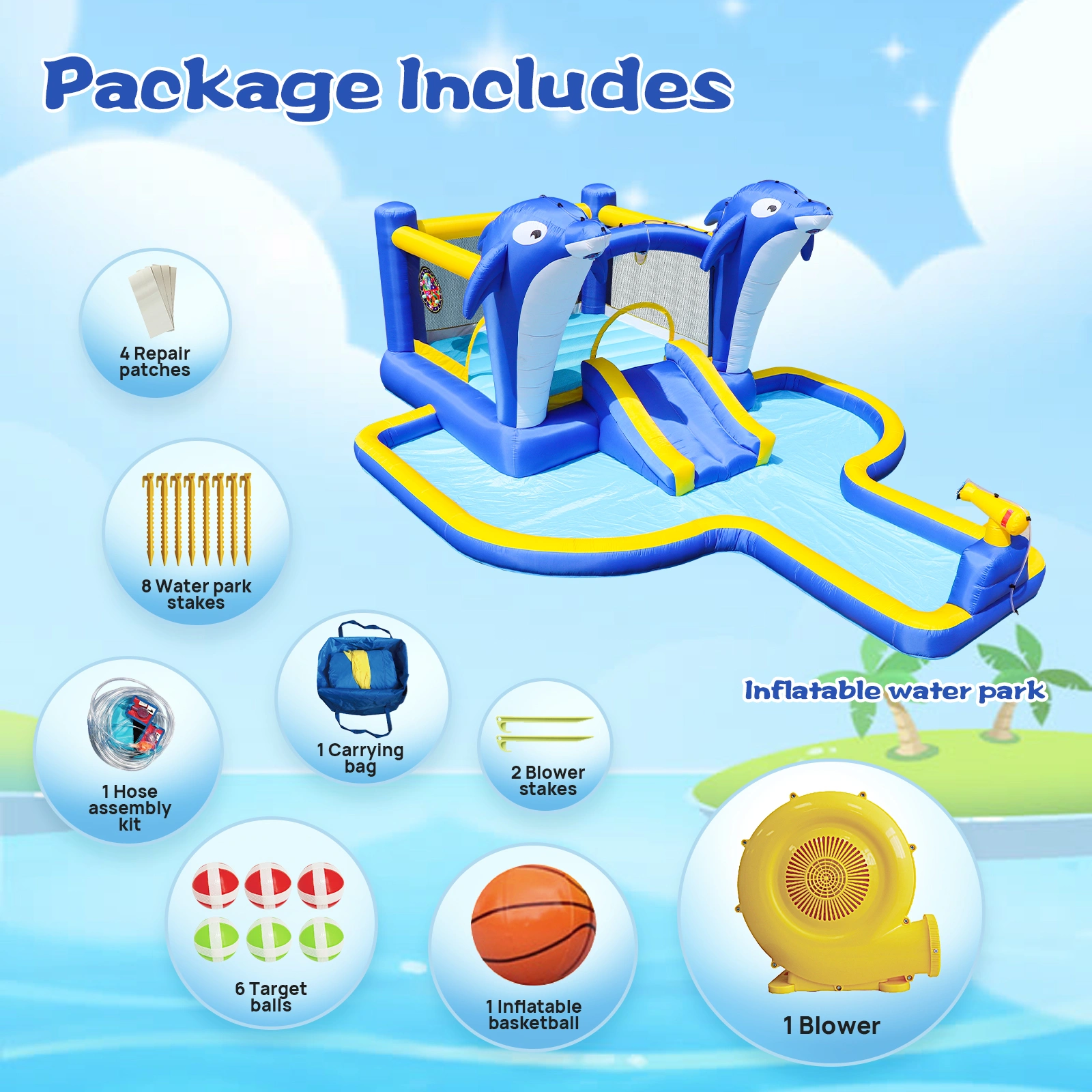 8 in 1 Inflatable Water Park Slide, Bounce House with Trampoline, Dolphin Sprinkler, Target Game, Water Gun & Basketball for Outdoor Garden view 10