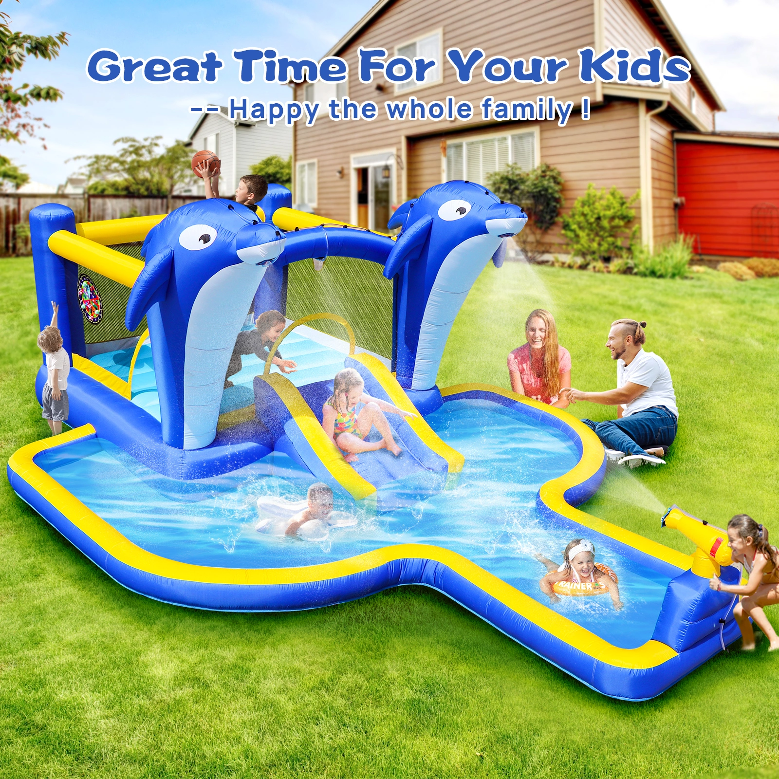 8 in 1 Inflatable Water Park Slide, Bounce House with Trampoline, Dolphin Sprinkler, Target Game, Water Gun & Basketball for Outdoor Garden view 13