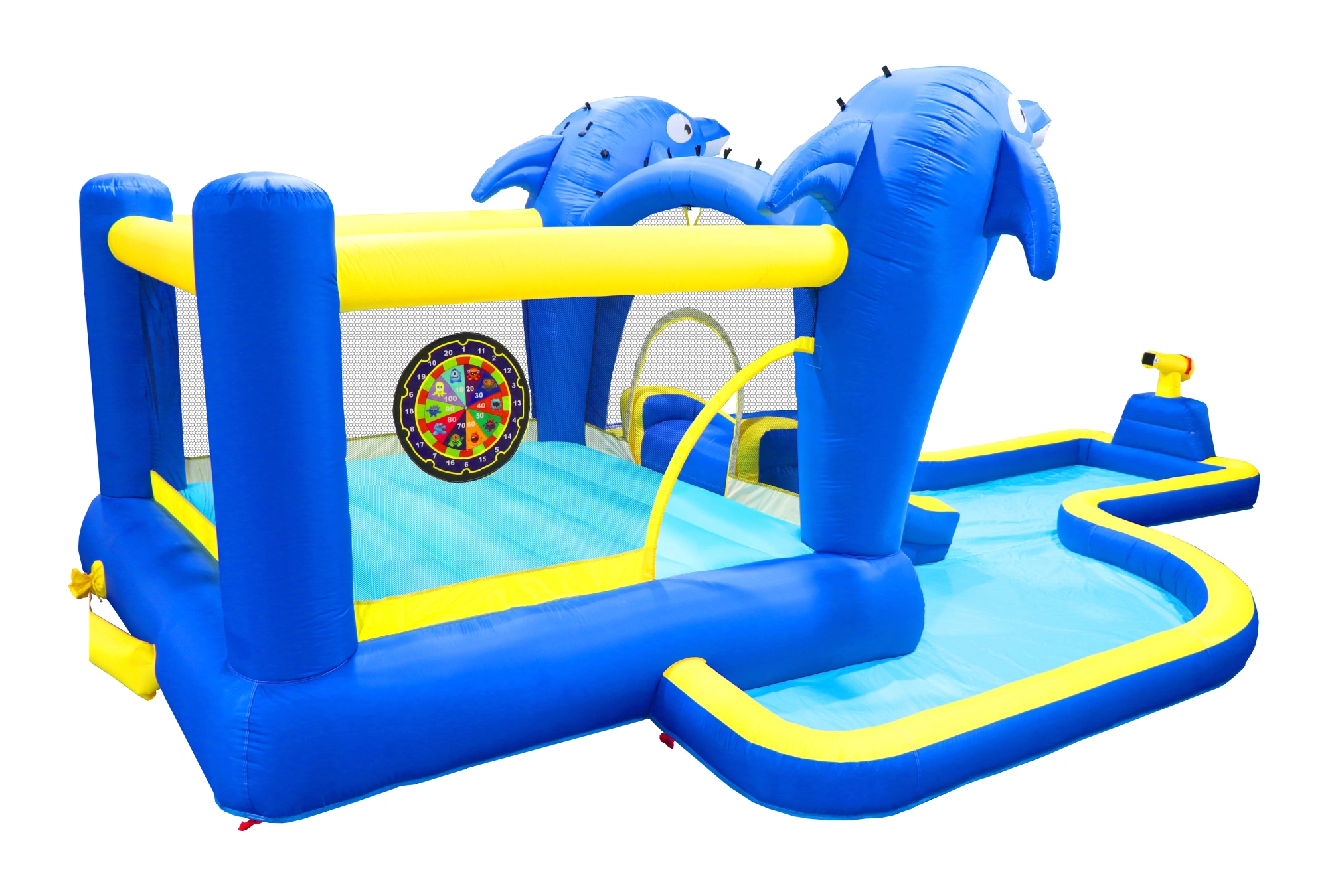 8 in 1 Inflatable Water Park Slide, Bounce House with Trampoline, Dolphin Sprinkler, Target Game, Water Gun & Basketball for Outdoor Garden view 2