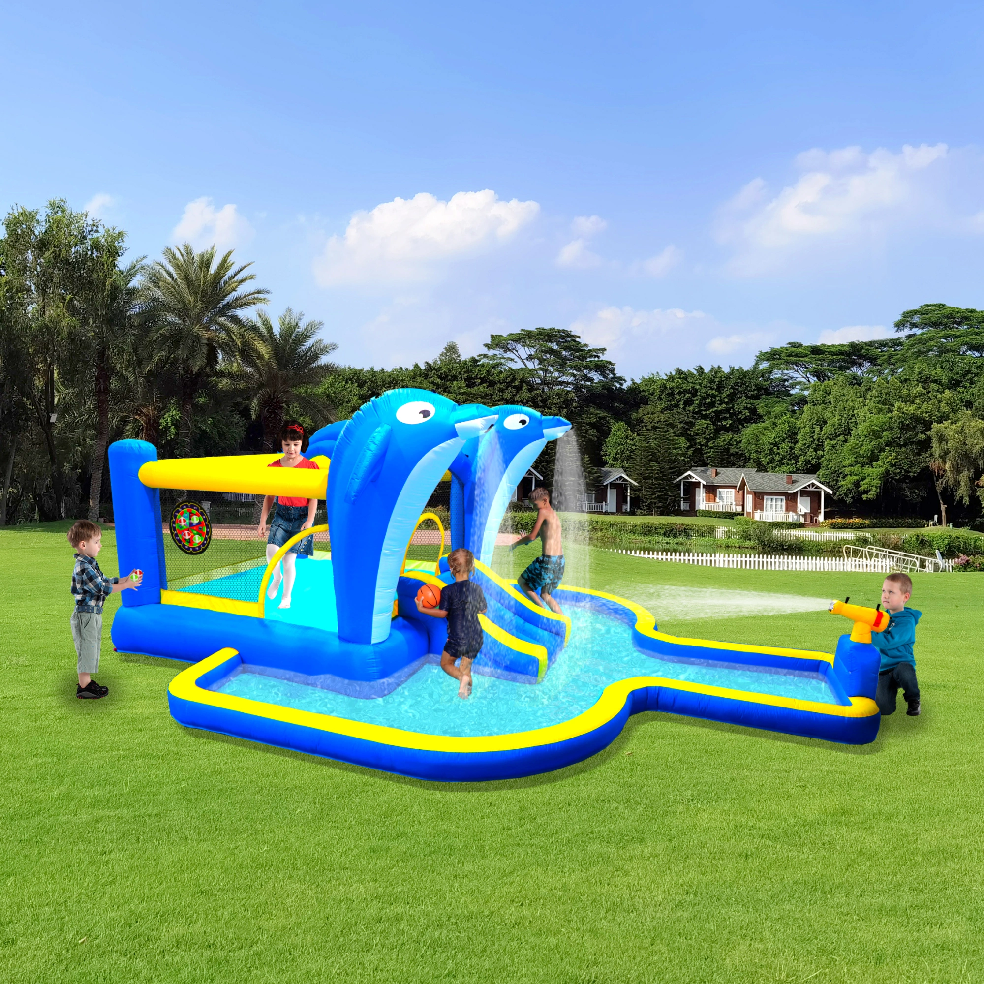 8 in 1 Inflatable Water Park Slide, Bounce House with Trampoline, Dolphin Sprinkler, Target Game, Water Gun & Basketball for Outdoor Garden view 6