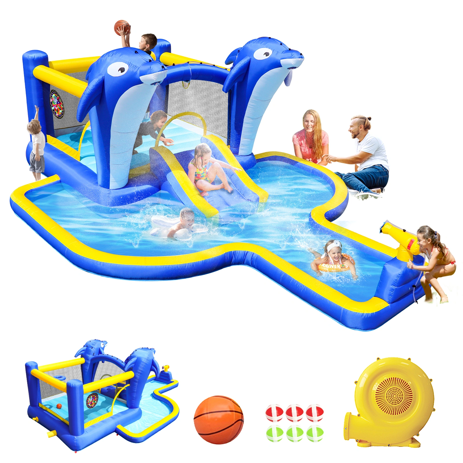 8 in 1 Inflatable Water Park Slide, Bounce House with Trampoline, Dolphin Sprinkler, Target Game, Water Gun & Basketball for Outdoor Garden view 8
