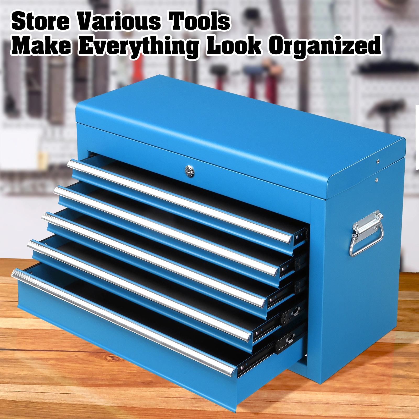 5-Drawer Lockable Steel Tool Chest, 330 lbs Capacity, Blue Heavy-Duty Tool Storage Cabinet with Drawer Liners & Lid Support for Workshop/Garage Maintenance