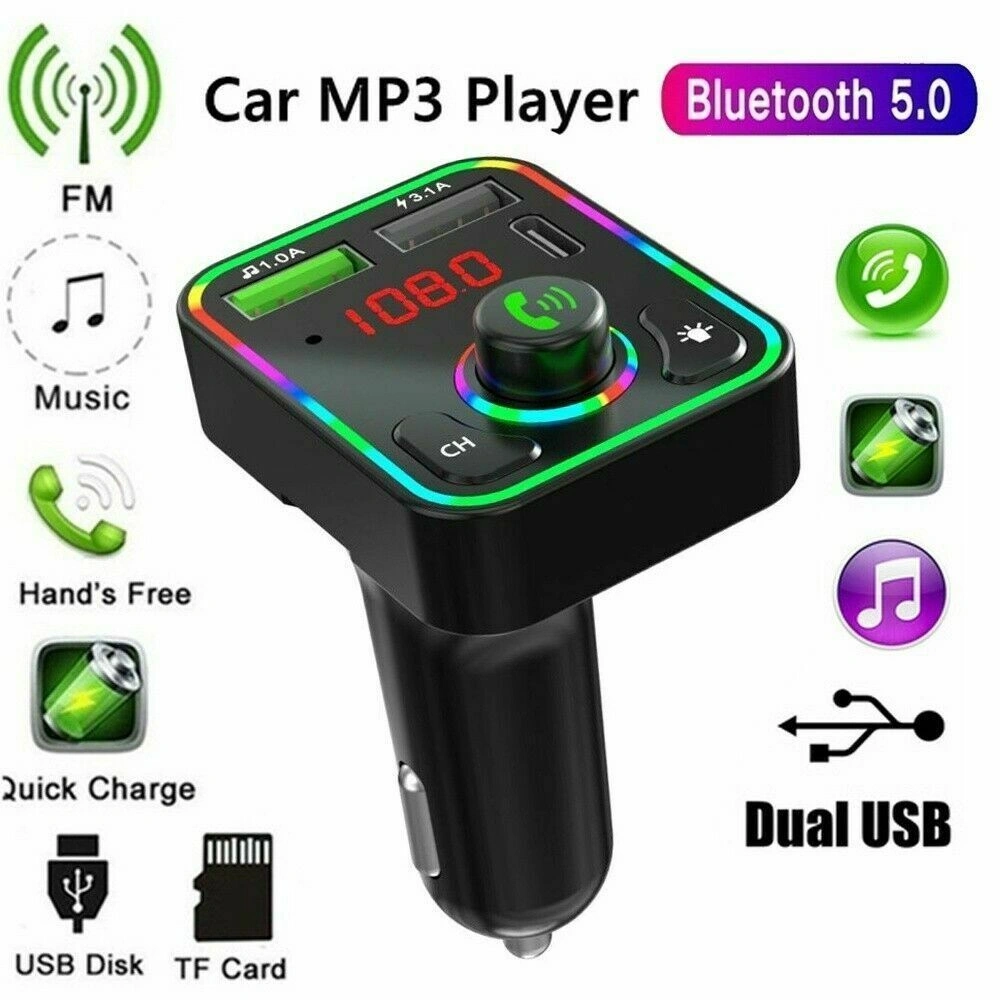 Bluetooth 5.0 Wireless Car FM Transmitter MP3 Player, 2 USB Port Charger Adapter