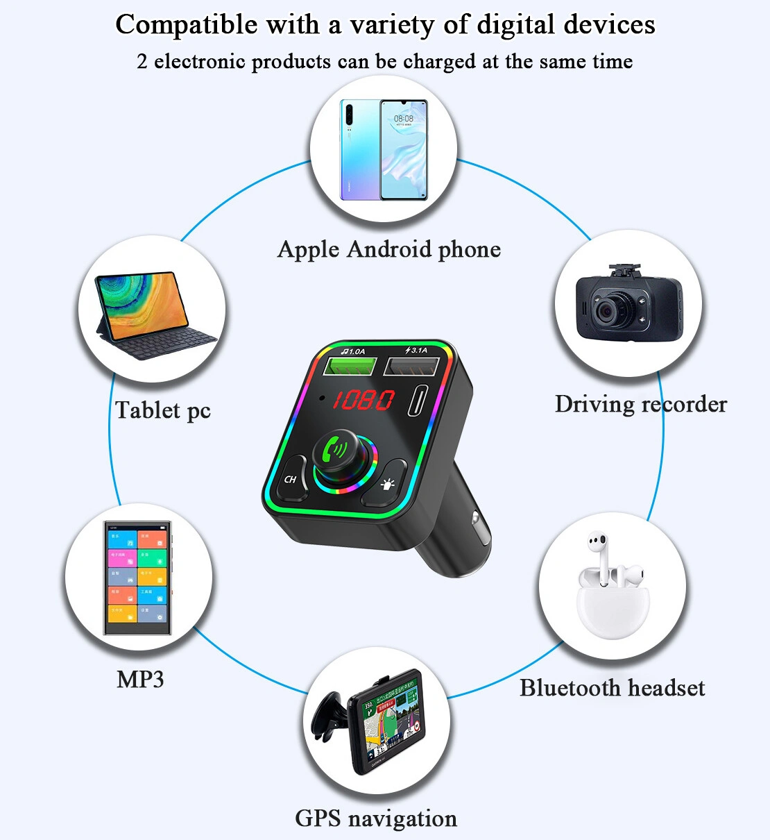 Bluetooth 5.0 Wireless Car FM Transmitter MP3 Player, 2 USB Port Charger Adapter view 4