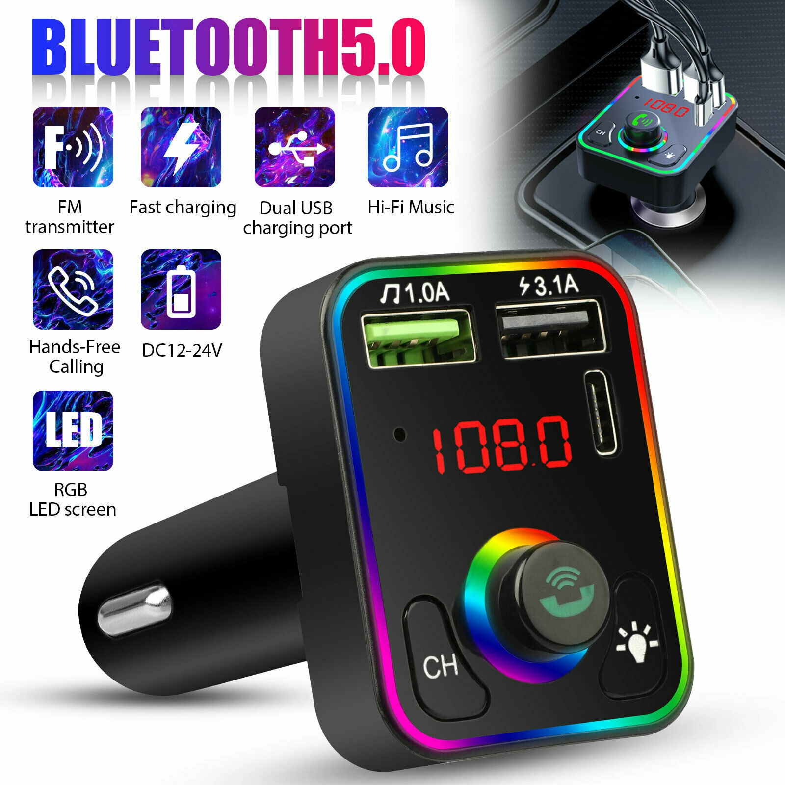 Bluetooth 5.0 Wireless Car FM Transmitter MP3 Player, 2 USB Port Charger Adapter view 5