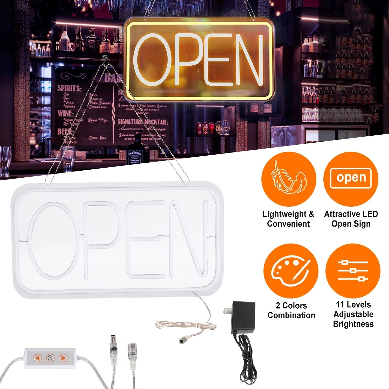 LED Neon Open Sign, Dimmable Business Storefront Light with Controller & Chain, Dual-Color Neon Sign for Cafe Restaurant Salon Indoor Decor