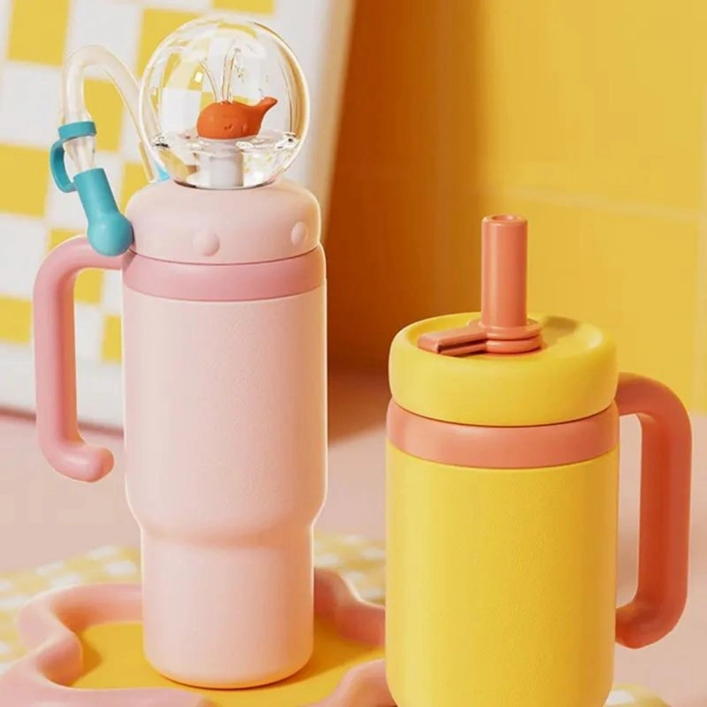 COMOBEBE 24oz Stainless Steel Whale Water Bottle with Handle, 2 Lids, Leakproof, Dishwasher Safe, Kids & Adults, Yellow view 2