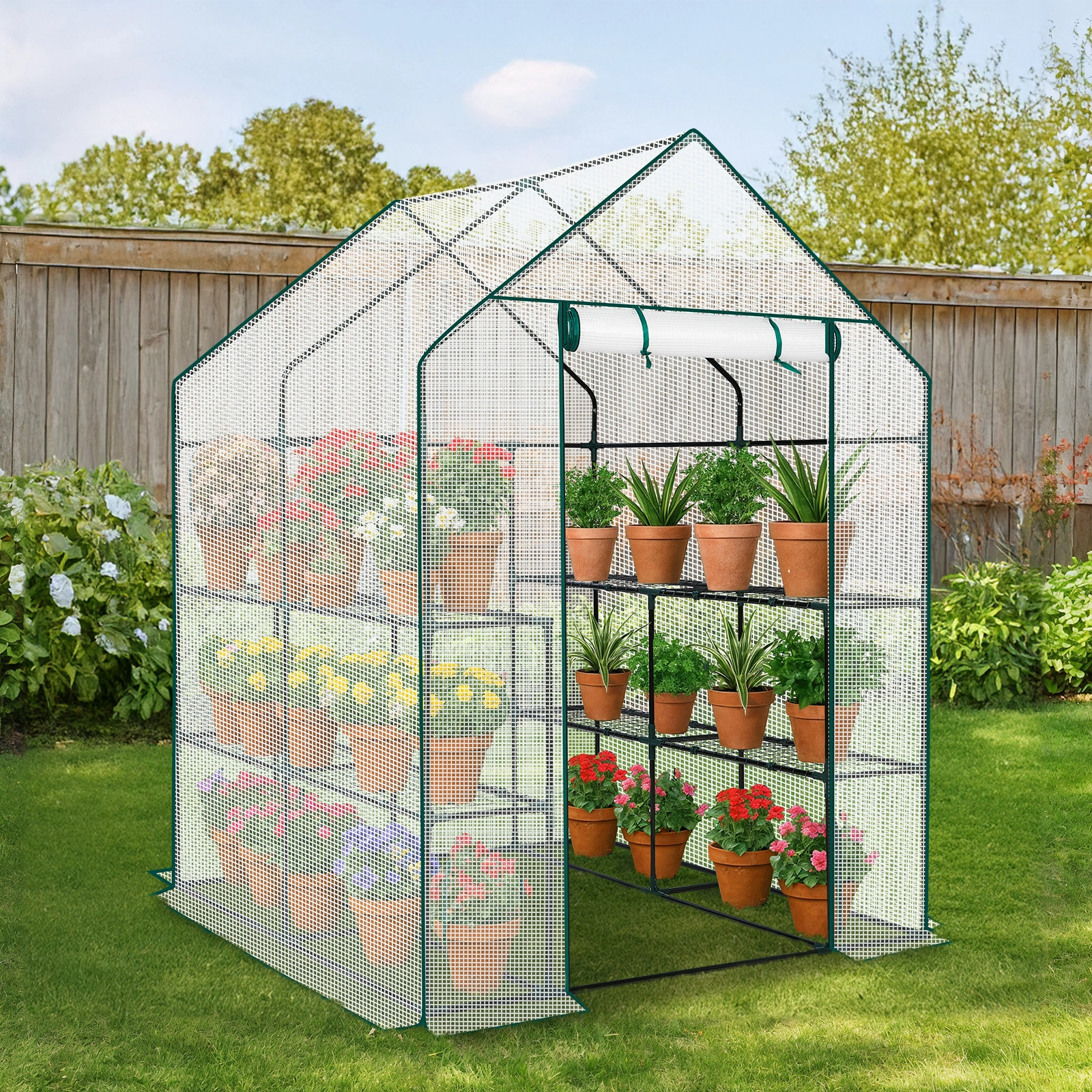 Mini Walk-In Greenhouse 8-Shelf with PE Cover, Indoor Outdoor Plant Garden House for Backyard, 56" x 56" x 77", White view 2