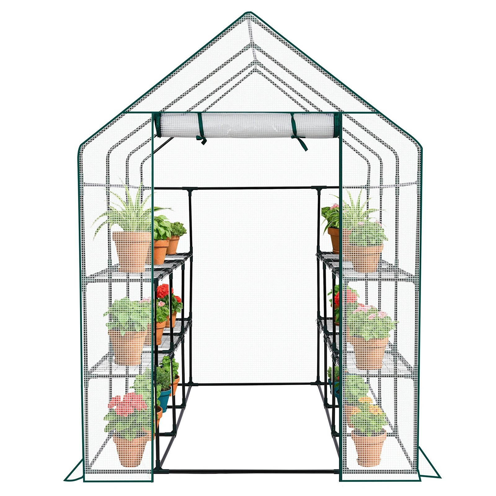 Mini Walk-In Greenhouse 8-Shelf with PE Cover, Indoor Outdoor Plant Garden House for Backyard, 56" x 56" x 77", White view 3
