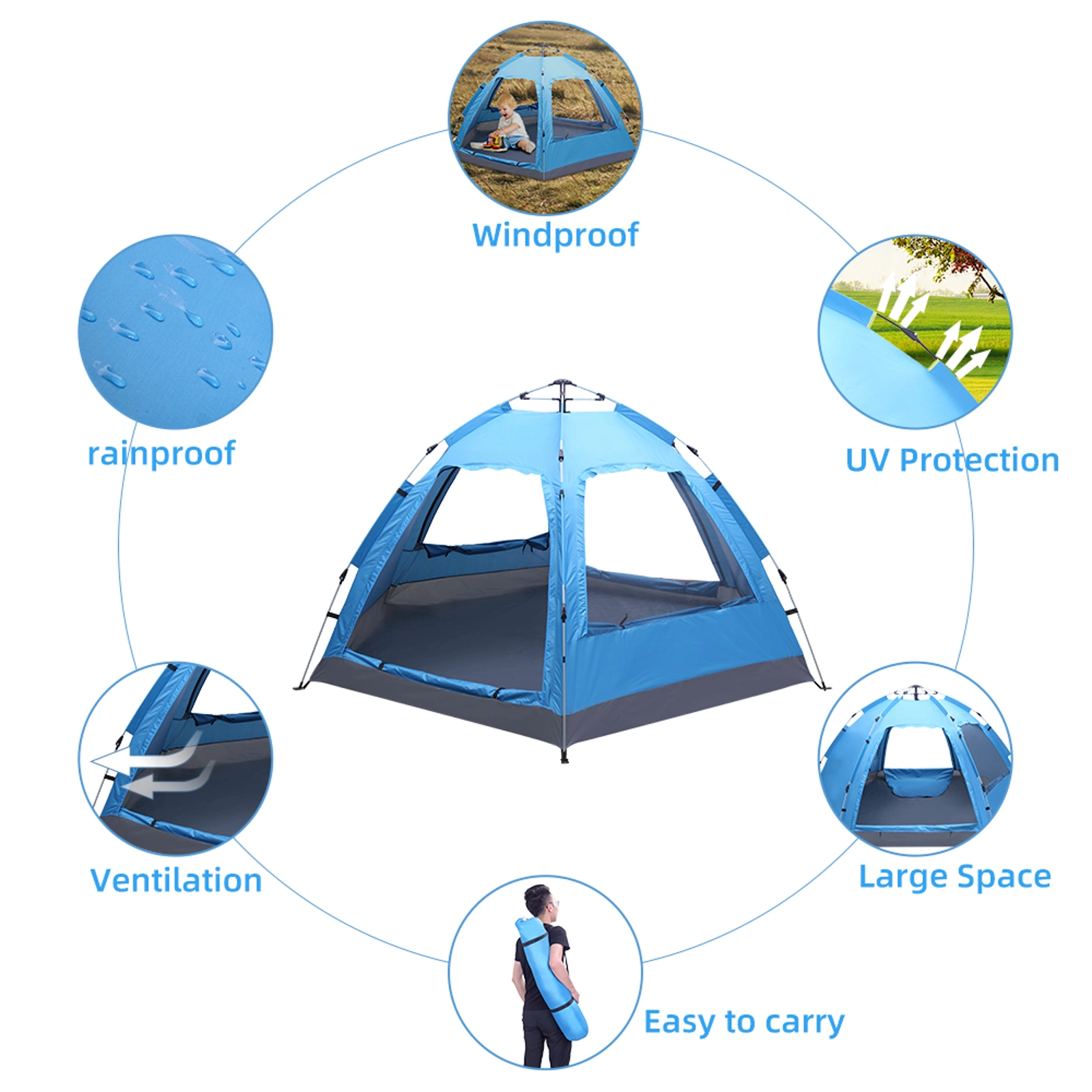 3-4 Person Automatic Family Tent Instant Pop Up Waterproof for Camping Hiking Travel Outdoor Activities view 11