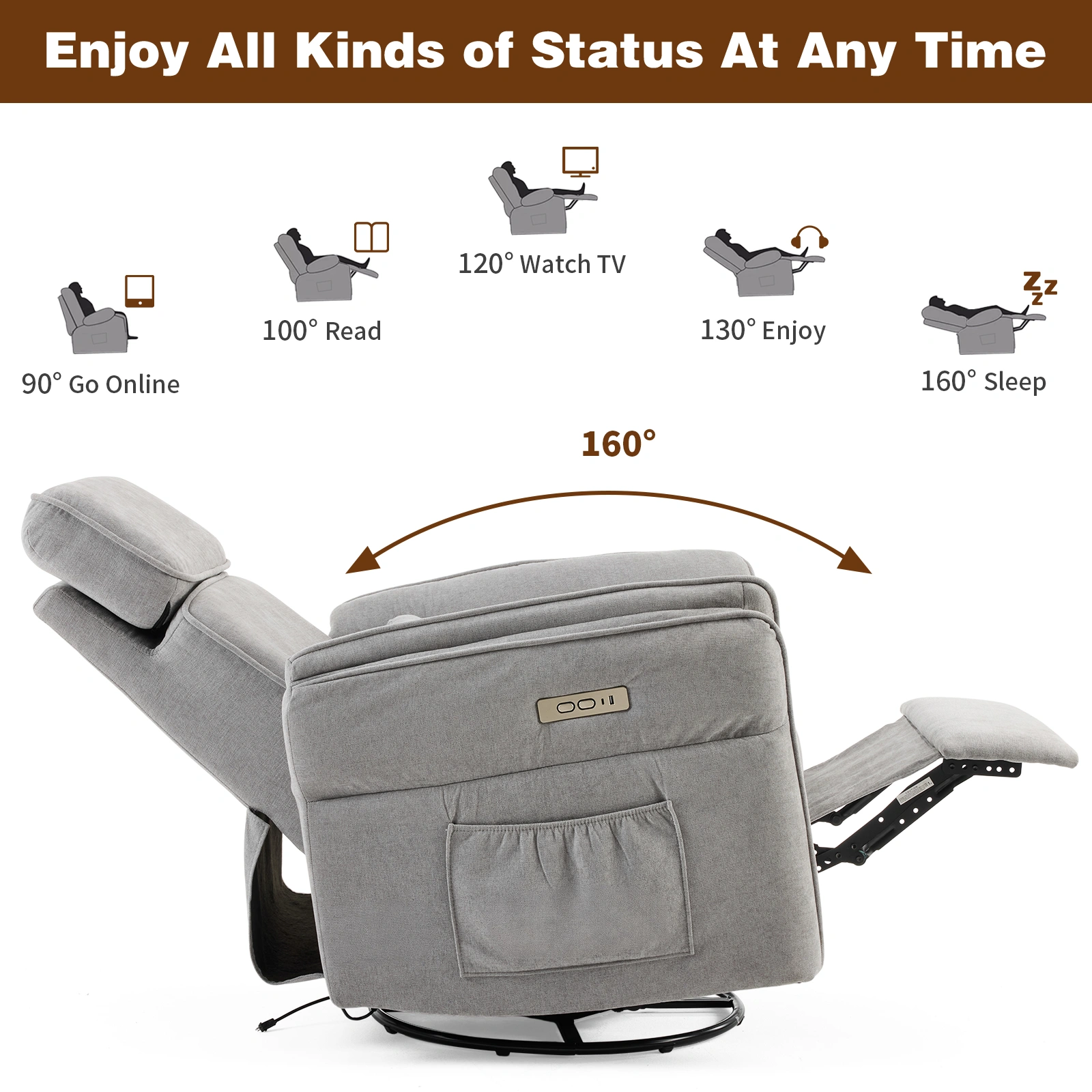 Power Recliner Chair 300° Swivel Rocker Electric Reclining Chair Adjustable Headrest Foldable Armrests 330 Lbs Weight Capacity Chenille Light Gray Indoor view 3