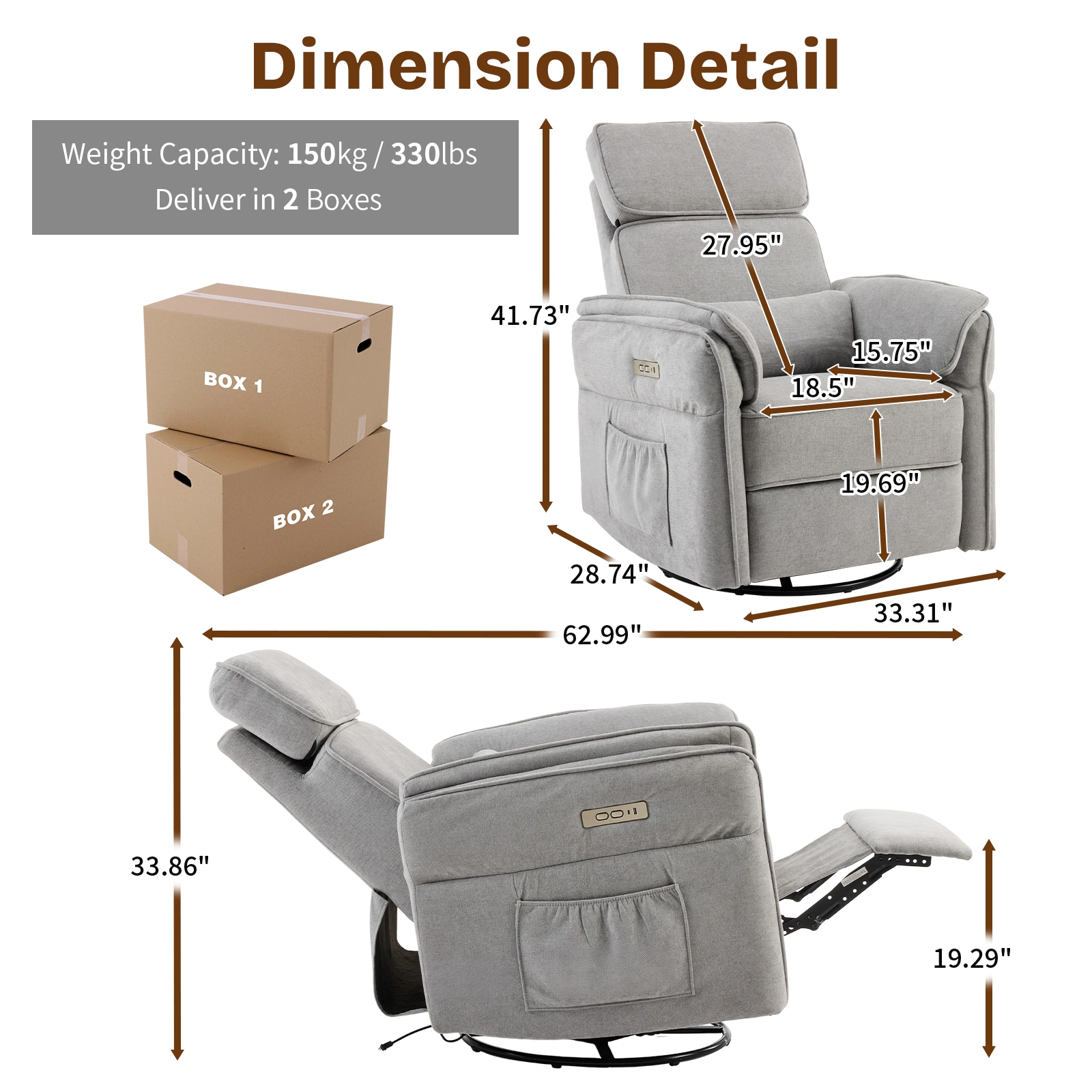 Power Recliner Chair 300° Swivel Rocker Electric Reclining Chair Adjustable Headrest Foldable Armrests 330 Lbs Weight Capacity Chenille Light Gray Indoor view 4