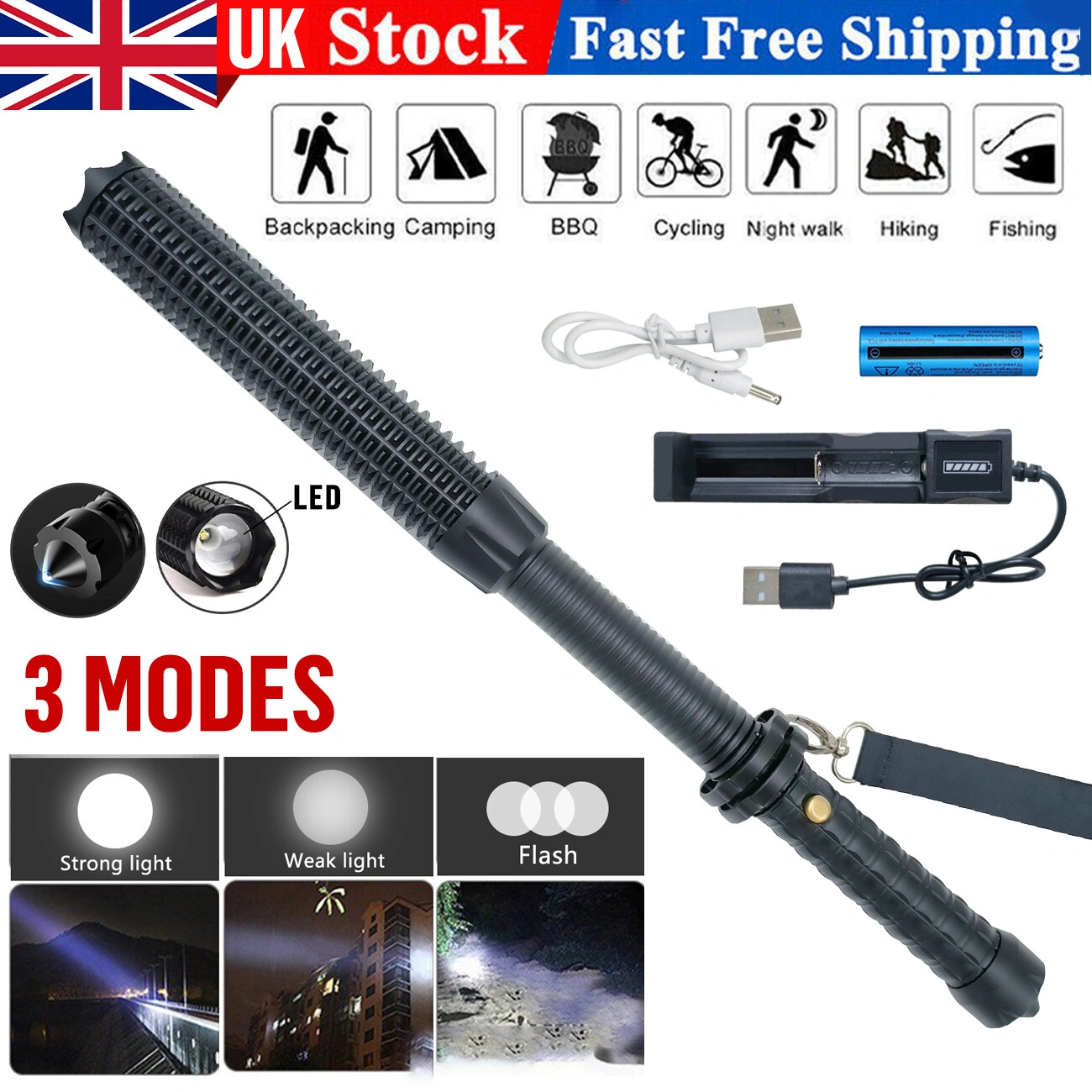 USB Rechargeable LED Flashlight, Retractable Torch, 3-Mode Zoomable, Security Light for Outdoor Camping Hiking