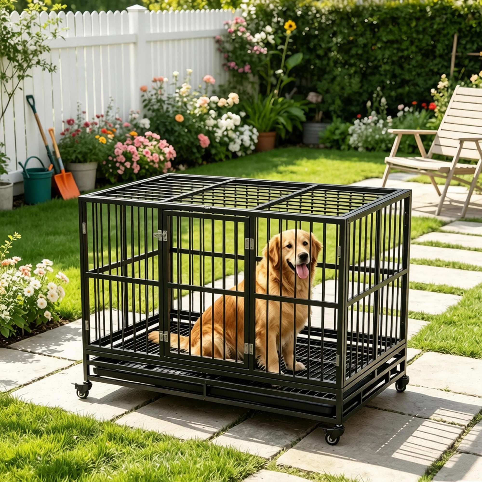 48 Inch Heavy Duty Metal Dog Crate Kennel with Lockable Wheels, Double Door & Removable Tray, Gray