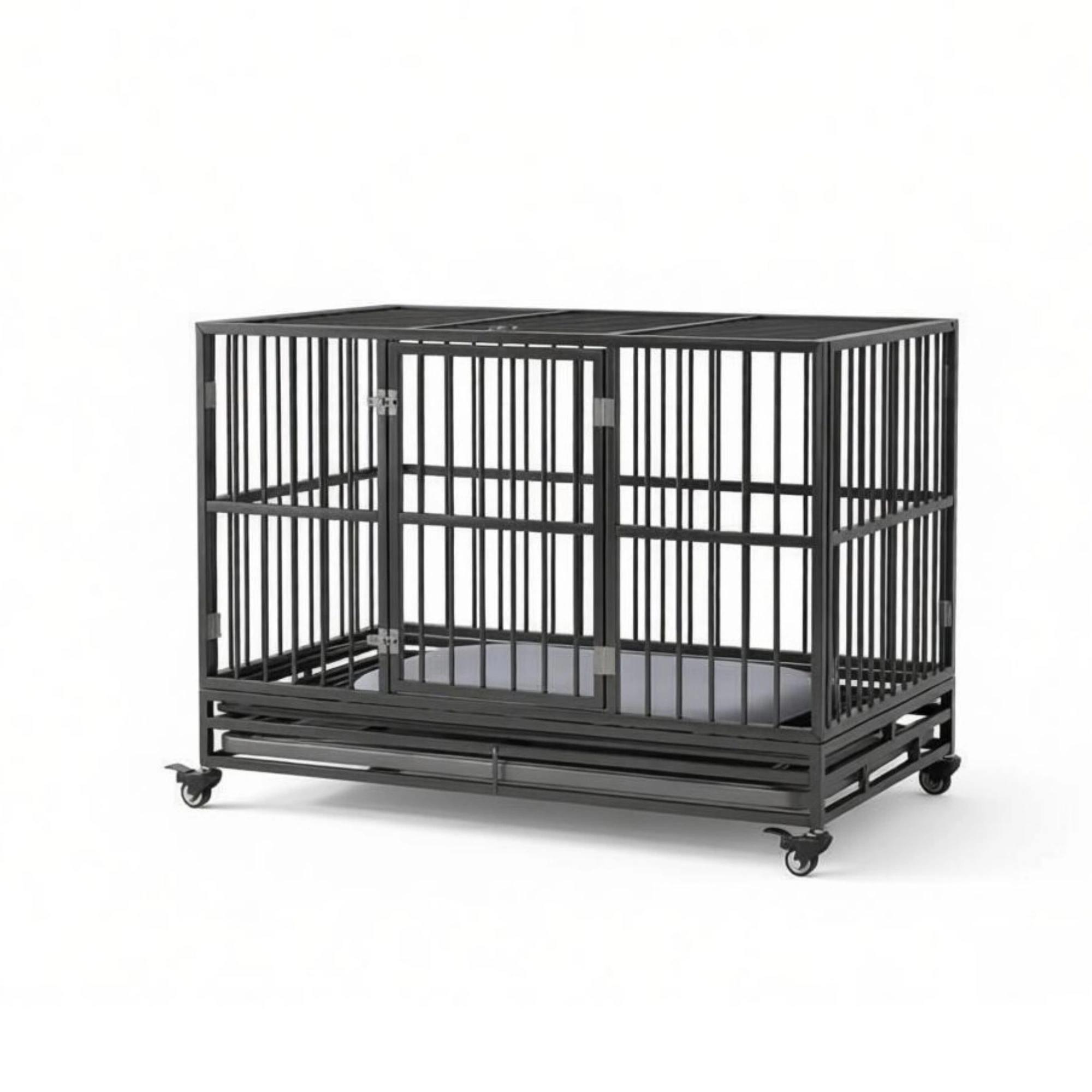 48 Inch Heavy Duty Metal Dog Crate Kennel with Lockable Wheels, Double Door & Removable Tray, Gray view 2